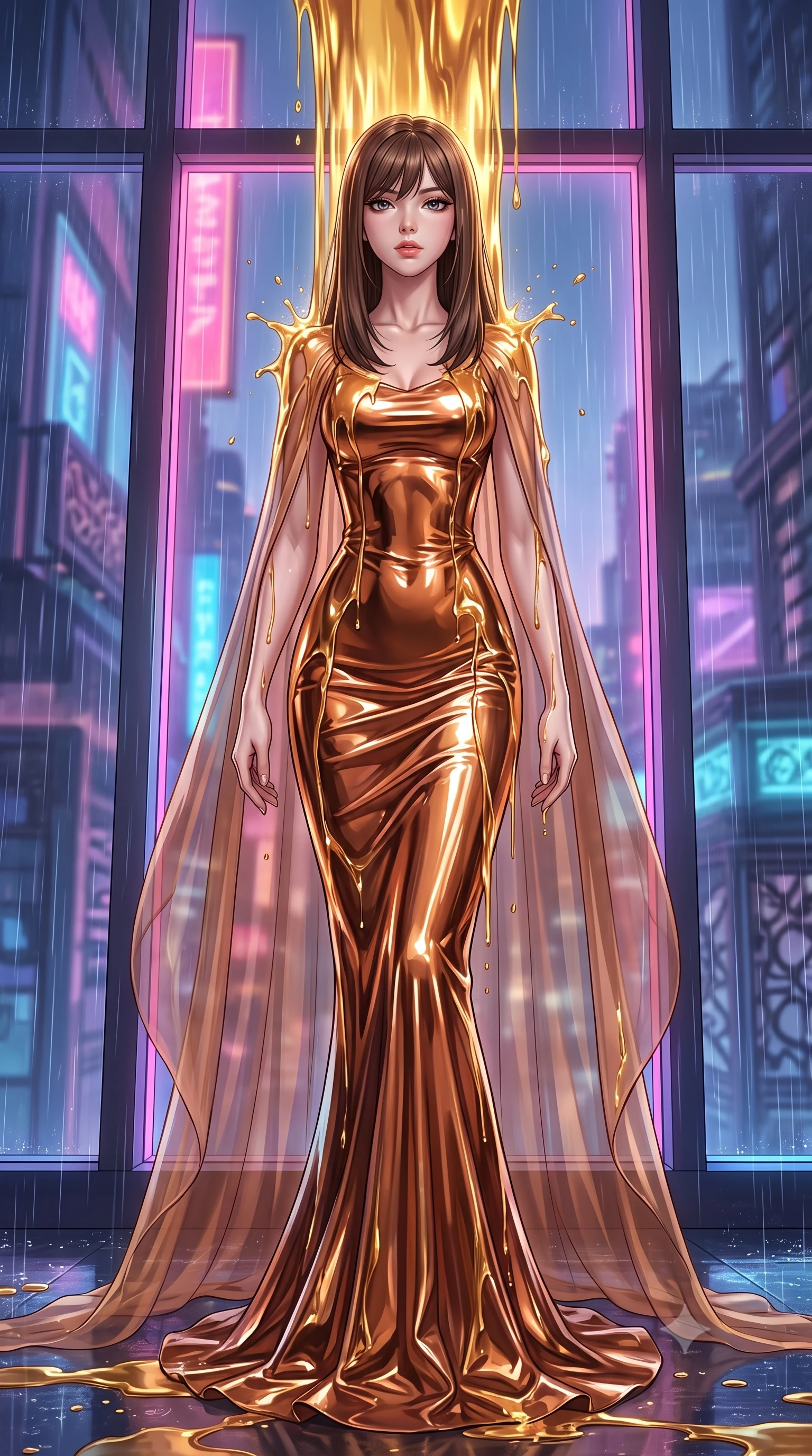 score_9, masterpiece, best quality, ultra-detailed, High-budget Anime Keyframe, East Asian woman. Dynamic full-body shot stretching the vertical silhouette to the limit. Scenario 492: standing under a waterfall of liquid gold, the fluid coating her form, in a glowing neon window at twilight with soft rain falling. Her presence is magnetic and overpowering in this high-budget anime scene. Outfit 492: a slim-fit metallic copper patent leather gown draped with a semi-transparent chiffon cape. The clothing is designed to emphasize her exceptionally tall and slender 8-heads proportion. 8-heads proportion, towering silhouette, ultra-slim waist. sharp v-shaped jawline, intricate jewel-like eyes with depth, thick eyelashes, glossy lips. 2k, ultra detail, master piece, 9:16 ratio