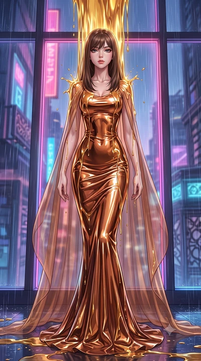 score_9, masterpiece, best quality, ultra-detailed, High-budget Anime Keyframe, East Asian woman. Dynamic full-body shot stretching the vertical silhouette to the limit. Scenario 492: standing under a waterfall of liquid gold, the fluid coating her f