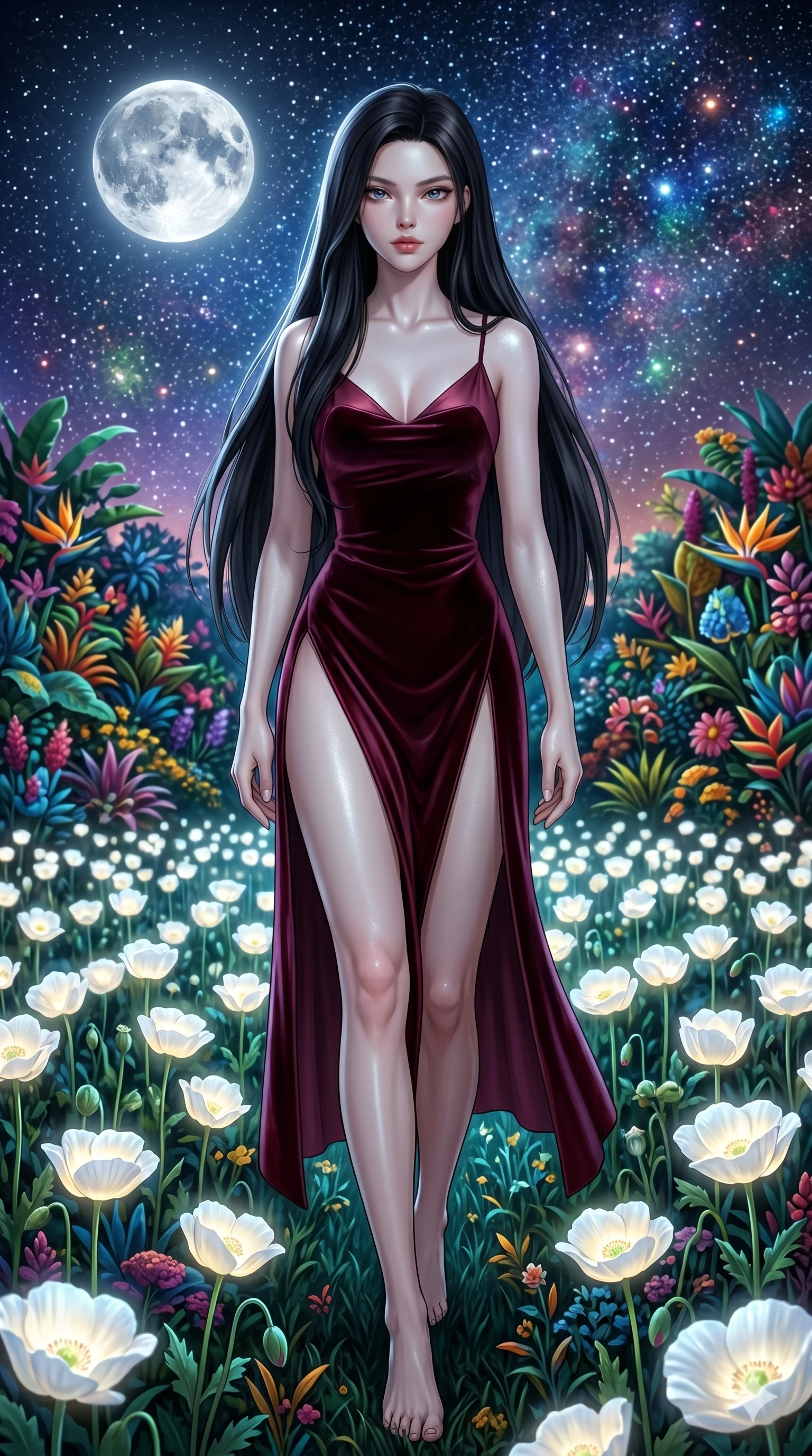 score_9, masterpiece, best quality, ultra-detailed, Set A: Photorealistic 8k CG, Japanese woman. Low angle cowboy shot filling the entire 9:16 frame with her statuesque presence. Walking through a field of white poppies under a silver moon. She has an absolutely perfect 8-heads proportion, an exceptionally tall and slender female figure with elegant long slender legs and an slender waist. Sharp v-shaped jawline, high-bridge nose, intricate jewel-like eyes with depth, thick eyelashes, glossy lips. Wearing a High-Fashion Editorial outfit: slip dress with a elegant high side slit and velvet detail. Background is a bright and colorful garden with glowing white flowers and a vibrant starry sky. 2k, ultra detail, master piece, 9:16 ratio