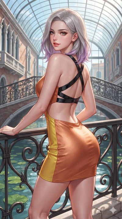 Caucasian woman. posing in an alluring rear three-quarter angle, looking over a bare shoulder with parted glossy lips, her hips cocked back to highlight her slim hourglass curve while leaning against the decorative iron bridge rail with hips cocked back, looking through thick curled eyelashes with an enchanting, dangerous smile. The surrounding...