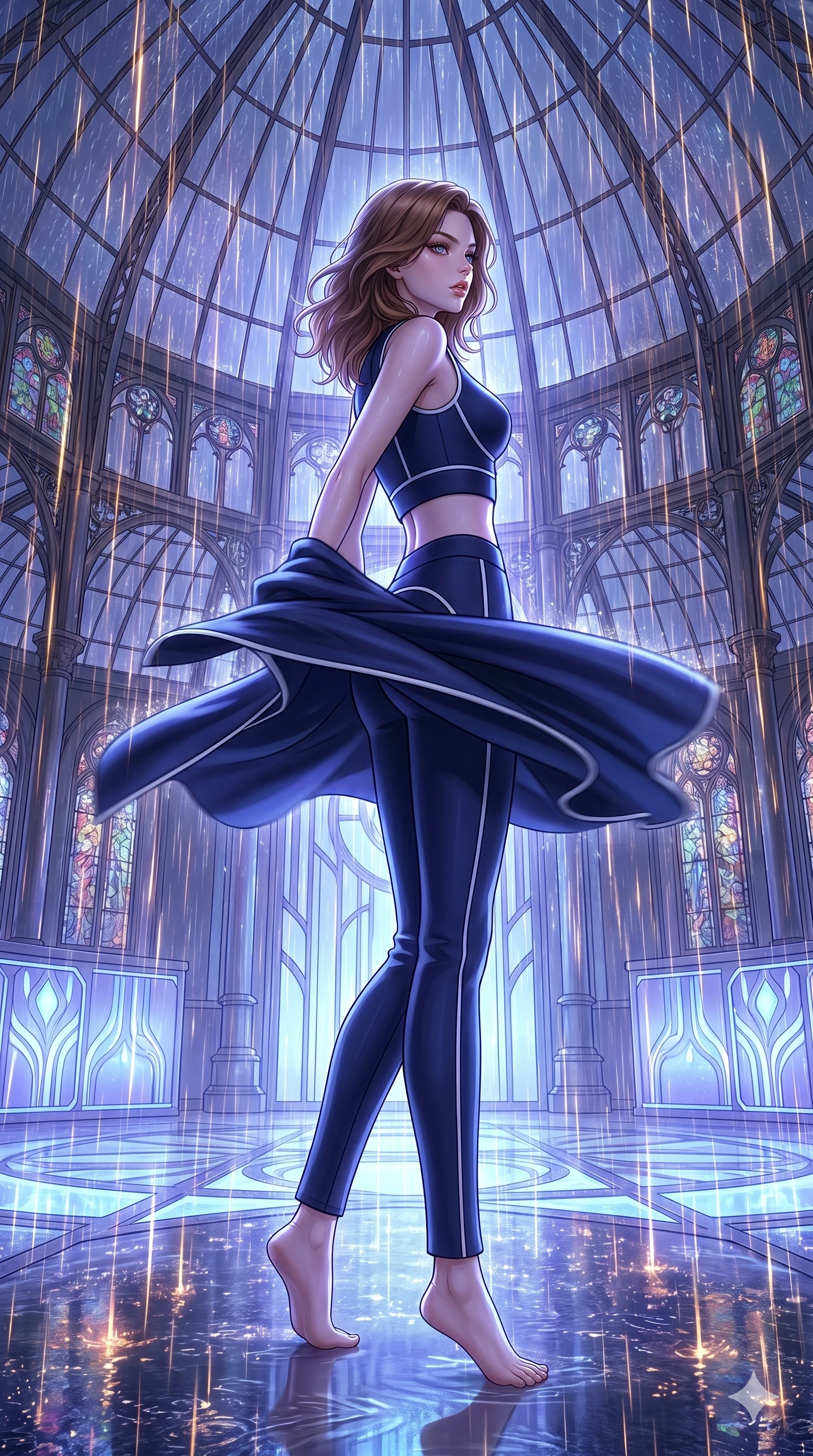 score_9, masterpiece, best quality, ultra-detailed, high-budget anime keyframe, editorial fashion photography, tasteful artistic composition, Korean woman. low angle full-body shot from head to toe showing her feet, filling the entire 9:16 vertical frame with her statuesque presence, stretching her vertical silhouette. Spinning mid-turn with clothing caught in motion inside a glass dome sanctuary during a heavy downpour of glowing amber rain. She has an absolutely perfect 8-heads proportion, an exceptionally tall and slender female figure with impossibly long slender legs and an ultra-slim waist. V-shaped jawline, high-bridge nose, intricate jewel-like eyes with depth, thick eyelashes, glossy lips with a natural sheen. wearing a structured crop top in thick navy neoprene with contrast white piping, paired with matching high-waist neoprene trousers with a slim-fit leg. bathed in cool ethereal blue-violet bioluminescent glow that highlights her form from all sides. 2k, ultra detail, master piece, 9:16 ratio