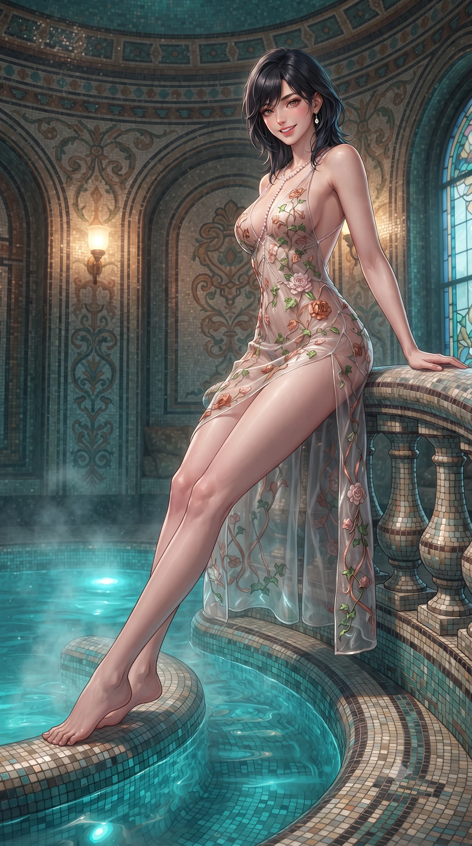 score_9, masterpiece, best quality, ultra-detailed, high-budget anime keyframe, editorial fashion photography, tasteful artistic composition, Caucasian woman. low angle full-body shot from head to toe showing her feet, filling the entire 9:16 vertical frame with her statuesque presence, stretching her vertical silhouette. leaning deep against the balcony balustrade with hips cocked back in an unapologetically alluring high-fashion stance, casting an intoxicating glance while lounging in the steaming water propped on the curved mosaic rim with legs extended, her statuesque 8.5-heads silhouette commanding the sanctuary. The surrounding environment is rendered in vivid detail and crisp panoramic clarity: detailed garment folds, intricate lace or tailored seams, and master Viennese tilework in razor-sharp precision. She has an exceptionally tall and slender model-like 8.5-heads proportion, an ultra-slim waist, a flat toned midriff, narrow delicate ribcage, and beautifully sculpted feminine hips creating a graceful, slim hourglass silhouette without any bulky heaviness, with impossibly long slender legs. sharp v-shaped jawline, high-bridge nose, intricate jewel-like sparkling eyes with depth, thick eyelashes, glossy parted lips with a natural peach sheen, bright cheerful beaming smile with an enchanting and coquettish sensual glint, exuding both youthful cute charm and seductive allure, flawlessly proportioned anatomical accuracy, strict slender model proportions, natural body alignment, perfectly sculpted long slender limbs, ultra-slim waistline, clean dynamic posture without body distortion. wearing a provocative sheer noir illusion mesh cocktail dress with embroidered climbing ivy ribbons contouring her curves in Grasse centifolia rose petal blush and burnished copper, crafted from translucent silk organza with an ethereal crystalline sheen, accented with a pearl-drop body harness subtly framing her dewy collarbones and spine, the precision-cut side openings and low-back scoop framing her graceful spine and the sensual sweep of her slim, toned hips. bathed in underwater pool turquoise LEDs combined with warm 2500K sconce glows and moonbeams through stained glass. ultra-reflective glossy finish, specular highlights, rich textural contrasts, high-contrast stereoscopic depth, volumetric dynamic lighting, 2k, ultra detail, master piece, 9:16 ratio