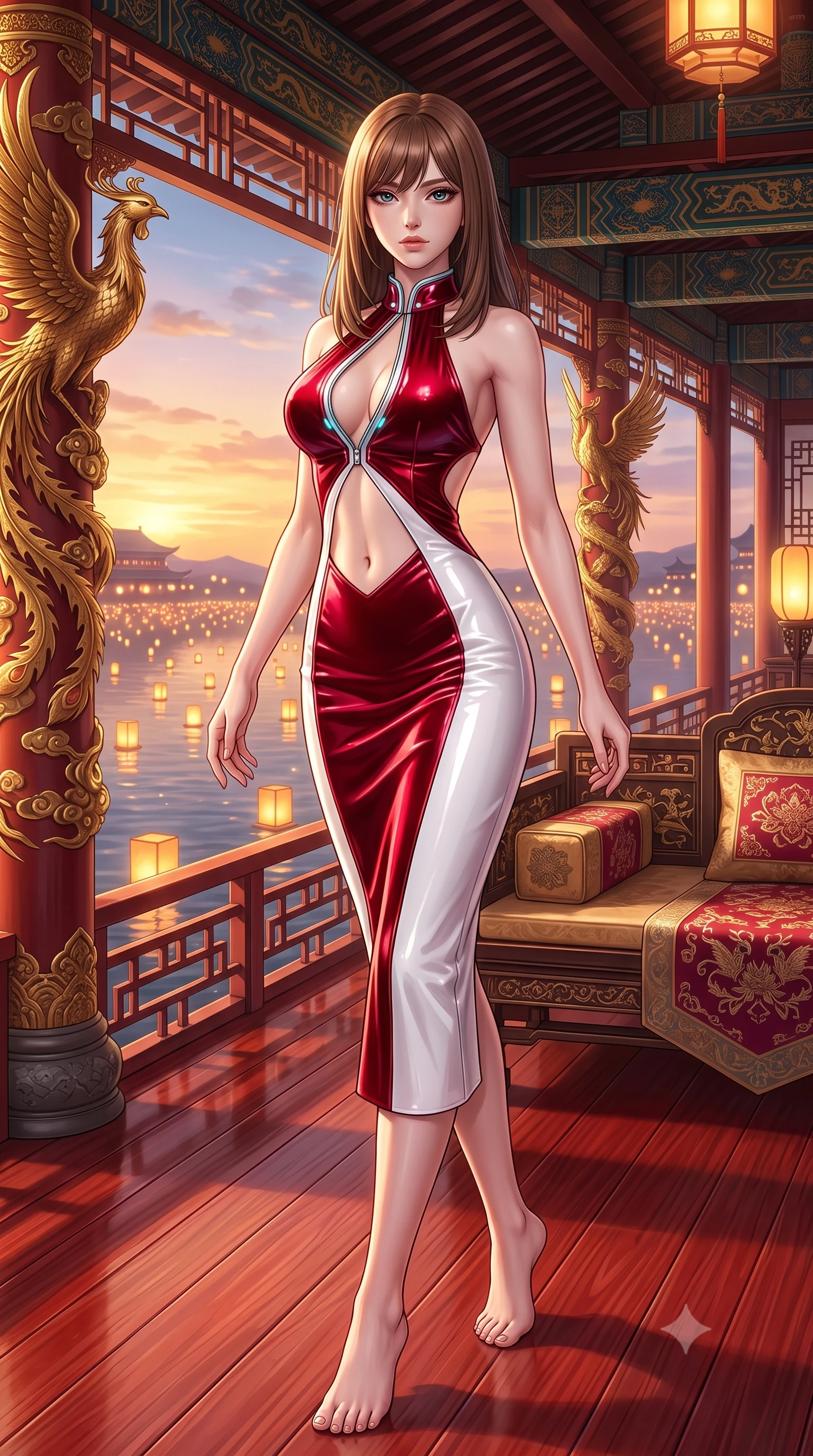 score_9, masterpiece, best quality, ultra-detailed, high-budget anime keyframe, semi-realistic 3D game render, editorial fashion photography, tasteful artistic composition, Korean woman. low angle full-body shot from head to toe showing her feet, filling the entire 9:16 vertical frame with her statuesque presence, stretching her vertical silhouette. arching her back in a fluid zero-gravity turn with sovereign grace, her long slender legs and sculpted torso creating a sweeping line while stepping along an open-air palace colonnade overlooking a glowing lantern-lit imperial lake at golden hour. The surrounding environment is rendered in vivid detail and crisp panoramic clarity. intricate gold-plated phoenix sculptures, polished red lacquer floor grain, and silk embroidery in deep focus. She has an absolutely perfect, statuesque 8.5-heads proportion, an exceptionally tall and slender model-like female figure with impossibly long slender legs, a toned flat midriff, and an ultra-slim waist. sharp v-shaped jawline, high-bridge nose, intricate jewel-like eyes with depth, thick eyelashes, glossy lips with a natural sheen, flawlessly proportioned anatomical accuracy, strict slender model proportions, natural body alignment, perfectly sculpted long slender limbs, ultra-slim waistline, clean dynamic posture without body distortion. wearing a velvet halter-neck midi dress fitting her statuesque contour flawlessly with a Tasteful chest slit and open spine in radiant crimson silk and crisp snow white, formed from high-gloss patent material with specular light reflections, featuring a dangerously unzipped neckline framed by glowing cybernetic accents, the precision-cut daring openings accentuating her delicate midriff, graceful bare collarbones, and ultra-slim feminine waistline. surrounded by an opulent, royal, and fiercely captivating oriental empress aura. highly saturated vibrant anime colors, detailed shading with soft gradients, rich glossy textures, high-contrast stereoscopic depth, volumetric dynamic lighting, master piece, 9:16 ratio