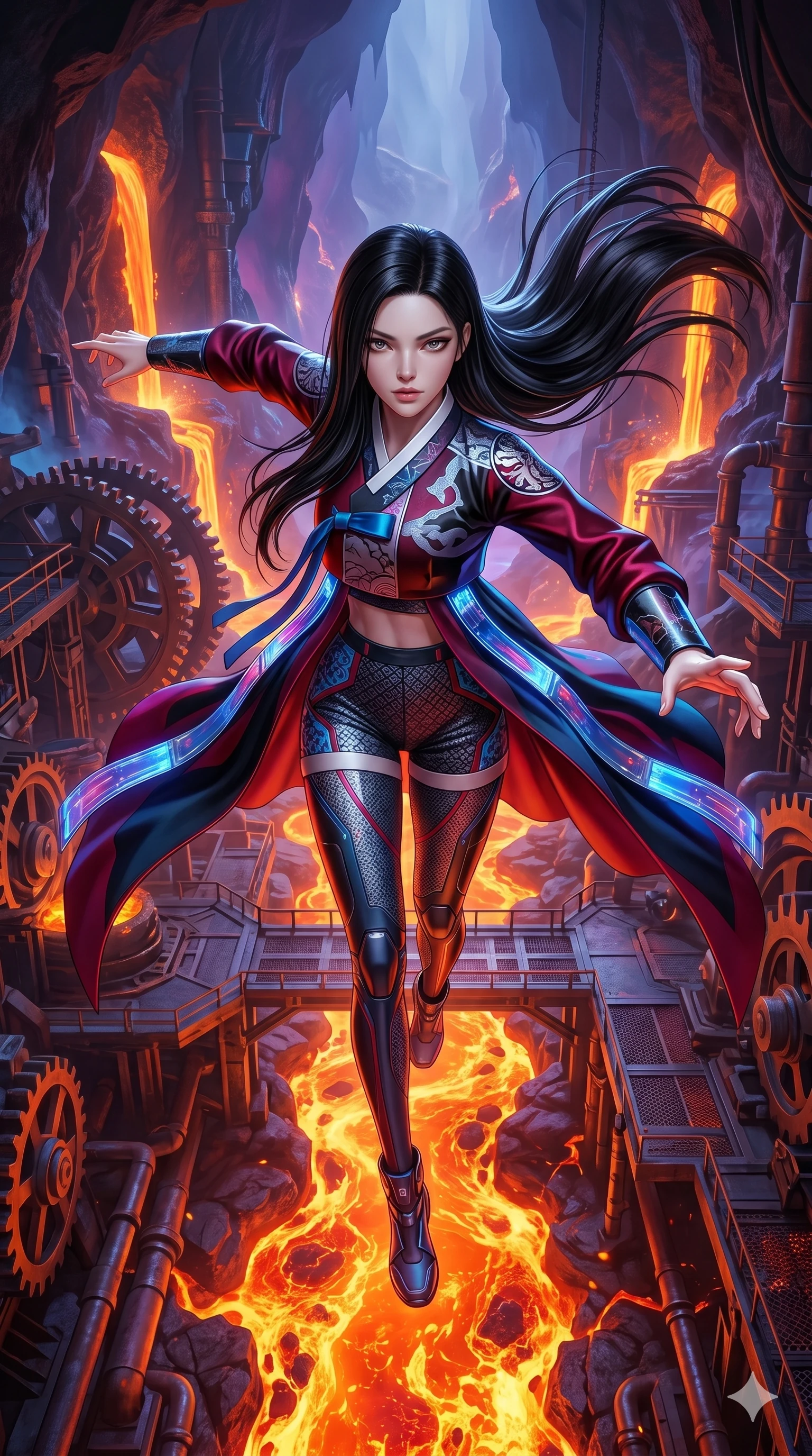 score_9, masterpiece, best quality, ultra-detailed, photorealistic 8k CG, hyper-detailed textures, ray-tracing, Caucasian (strictly human ears) woman. Extreme high angle shot as she leaps towards the camera, filling the frame. leaping over a river of molten lava in a volcanic forge. She has an absolutely perfect 8-heads proportion, an exceptionally tall and slender female figure with an ultra-slim waist and impossibly long slender legs. strictly human anatomy, two legs only, no extra limbs, clearly defined legs and arms, perfect anatomy, perfect hands and fingers. sharp v-shaped jawline, high-bridge nose, intricate jewel-like eyes, thick eyelashes, glossy lips. Wearing Modern Traditional: Shortened cyber-hanbok with fusion silk robes and transparent panels. The scene is illuminated by dramatic atmospheric lighting and vibrant color palettes. , 2k, ultra detail, master piece, 9:16 ratio