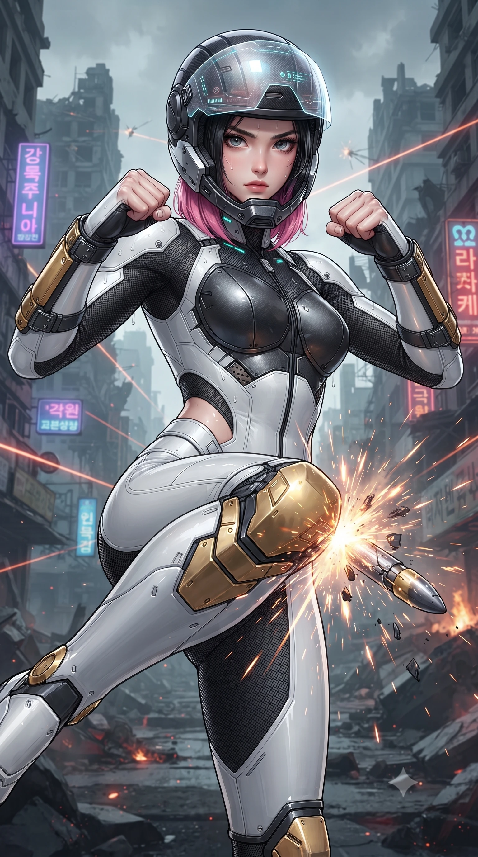 score_9, masterpiece, best quality, ultra-detailed, high-budget anime keyframe, editorial fashion photography, tasteful artistic composition, Korean woman. close-up cowboy shot from the waist and thighs up, the character dominates the composition, filling the frame with her large presence. in a razor-sharp Panzer Kunst fighting guard with raised fists, captivating jewel-like eyes locked onto the viewer with fierce, resolute determination while delivering a sweeping roundhouse kick that deflects an incoming kinetic projectile with thunderous impact. The surrounding environment is rendered in vivid detail and crisp panoramic clarity. intricate forearm vambrace buckles, sweat beads on collarbones, and glowing laser lines in high clarity. She has an exceptionally elegant, slender, and willowy female figure with an ultra-slim waist, a gracefully sculpted slender torso, toned flat midriff, and a refined slim silhouette. sharp v-shaped jawline, high-bridge nose, intricate jewel-like eyes with depth, thick eyelashes, glossy lips with a natural sheen, fierce and resolute heroine expression, flawlessly proportioned anatomical accuracy, strict slender model proportions, natural body alignment, perfectly sculpted long slender limbs, ultra-slim waistline, clean dynamic posture without body distortion. wearing an open-face aerodynamic carbon-fiber combat helmet with a retracted transparent holographic HUD visor framing her sharp jawline and jewel-like eyes, paired with a form-contouring high-mobility battle-suit featuring sculpted carbon chest plating, diagonal midriff ventilation cutouts, and kinetic knee vambraces in arctic white carbon composite with scratched solar gold armor plating, tailored from flexible second-skin ballistic carbon-mesh adhering flawlessly to her athletic build, featuring a sleek aerodynamic collar framed by subtle glowing cybernetic status LEDs, the glove-like aerodynamic second-skin fit tightly clinging to her ultra-slender waist and athletic curves without adding bulk, accentuating her razor-sharp statuesque lines and slim hourglass silhouette. surrounded by a rebellious, passionate, and fiercely alluring dystopian freedom-fighter aura. ultra-reflective glossy finish, specular highlights, dark metallic sheen, high-contrast stereoscopic depth, volumetric dynamic lighting, 2k, ultra detail, master piece, 9:16 ratio