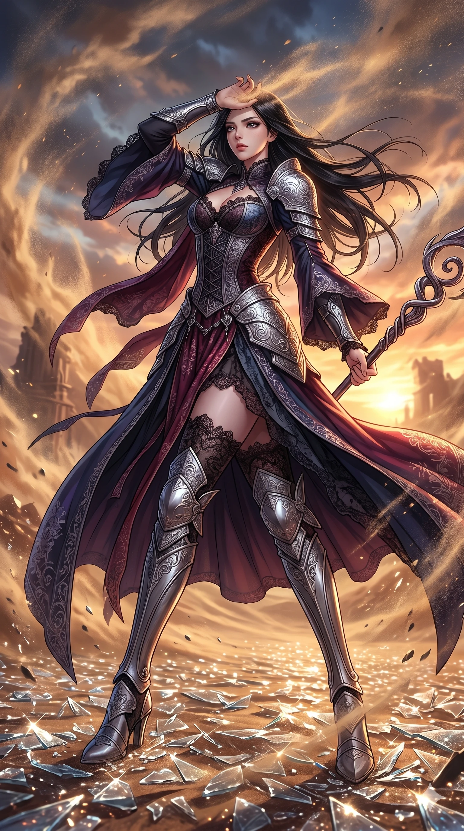 score_9, masterpiece, best quality, ultra-detailed, high-budget anime movie keyframe, cinematic anime lighting, intricate line art, Korean anime girl. Dynamic full-body shot stretching the vertical silhouette with extreme perspective. shielding her face from a sandstorm in a desert of ground glass. She has an absolutely perfect 8-heads proportion, an exceptionally tall and slender female figure with an ultra-slim waist and impossibly long slender legs. strictly human anatomy, two legs only, no extra limbs, clearly defined legs and arms, perfect anatomy, perfect hands and fingers. sharp v-shaped jawline, high-bridge nose, intricate jewel-like eyes, thick eyelashes, glossy lips. Wearing Dark Fantasy: Gothic lace corset gown, bell-sleeved sorceress robes, and engraved silver plate armor over silk. The scene is illuminated by dramatic atmospheric lighting and vibrant color palettes. , 2k, ultra detail, master piece, 9:16 ratio