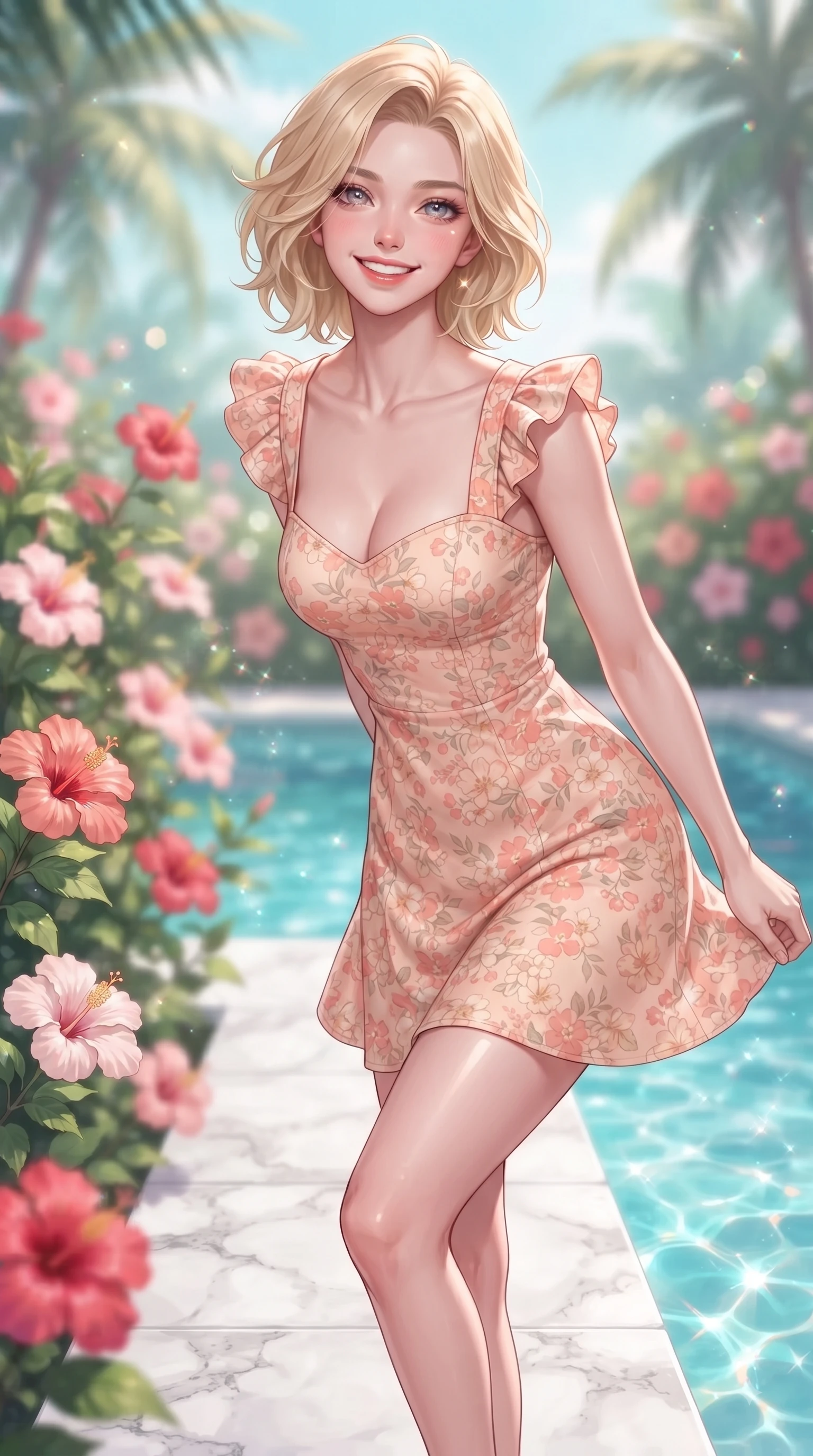 score_9, masterpiece, best quality, ultra-detailed, high-budget anime keyframe, editorial fashion photography, tasteful artistic composition, Caucasian woman. close-up cowboy shot from the waist and thighs up, the character dominates the composition, filling the frame with her large presence. Cheerful beaming smile with sparkling eyes and a fresh girlhood aura, leaning forward with playful grace while stepping onto a marble garden walkway surrounded by blooming hibiscus flowers and clear blue water. The composition keeps background elements in soft focus with dreamy bokeh. sparkling pool water and palm fronds blurred into crisp, dreamy turquoise background bokeh. She has an exceptionally elegant, slender, and willowy female figure with an ultra-slim waist, a gracefully sculpted slender torso, and a refined silhouette. sharp v-shaped jawline, high-bridge nose, intricate jewel-like eyes with depth, thick eyelashes, glossy lips with a natural sheen, flawlessly proportioned anatomical accuracy, natural body alignment, perfectly sculpted elegant limbs, clean dynamic posture without body distortion. wearing a bright floral print ruffle sundress with a gentle sweetheart neckline in peach blossom pink and warm oatmeal, made of comfortable premium stretch denim and soft jersey, featuring elegant flutter sleeves and a graceful square neckline, the tailored casual silhouette highlighting her fresh and youthful presence. bathed in bright tropical sunshine and glittering pool water refractions. ultra-reflective glossy finish, specular highlights, metallic sheen, high-contrast stereoscopic depth, volumetric dynamic lighting, 2k, ultra detail, master piece, 9:16 ratio
