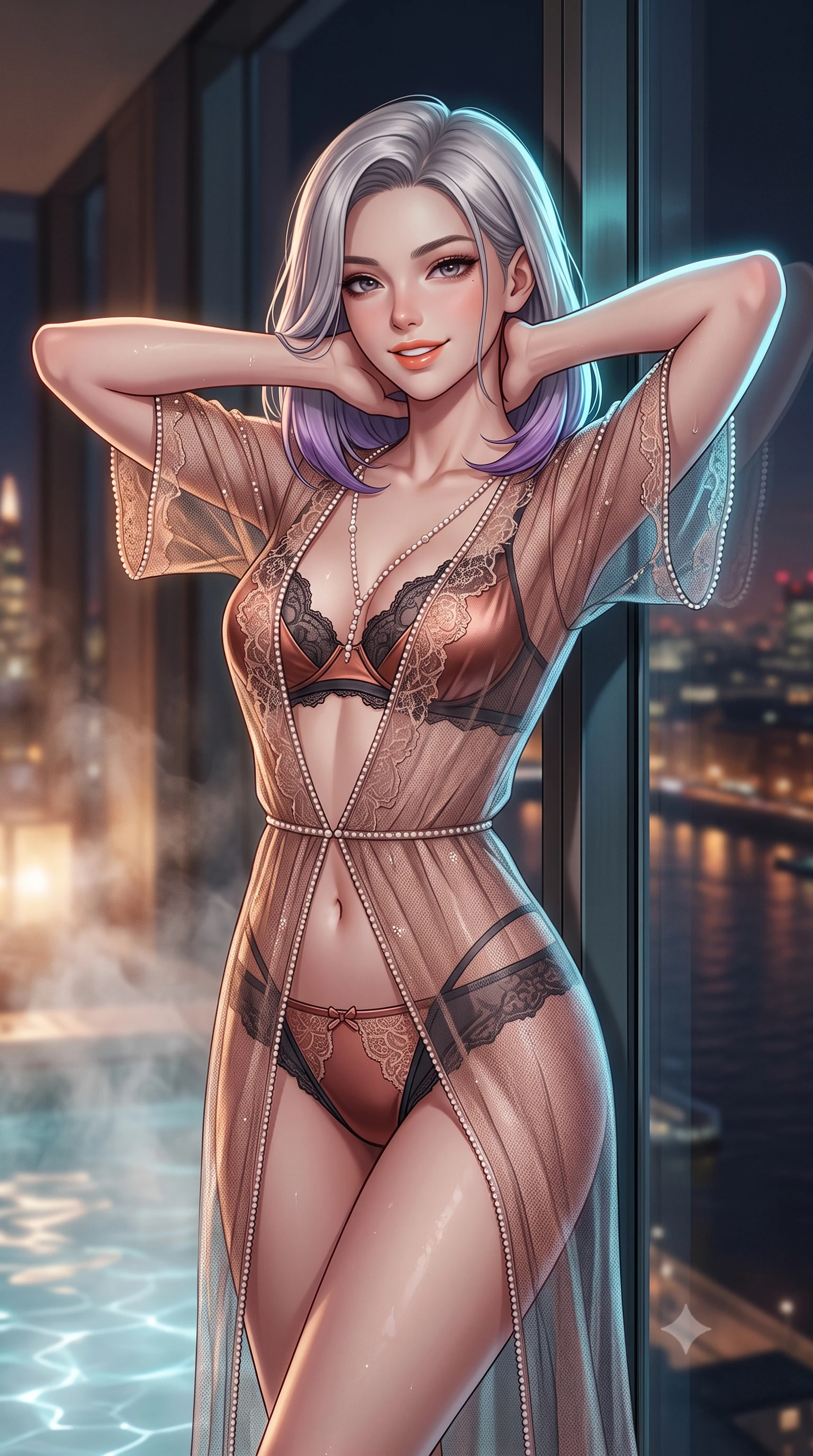 score_9, masterpiece, best quality, ultra-detailed, high-budget anime keyframe, semi-realistic 3D game render, editorial fashion photography, tasteful artistic composition, Caucasian woman. close-up cowboy shot from the waist and thighs up, the character dominates the composition, filling the frame with her large presence. resting both hands lightly behind her neck with elbows raised, arching her spine to highlight her narrow waist, flat midriff, and breathtaking collarbones while leaning against the floor-to-ceiling glass wall with hips cocked back, casting an intoxicating smoldering bedroom-gaze over the midnight Thames. The background shows a soft-focus rising thermal bath steam softened in billionaire skyscraper penthouse shallow focus. She has an exceptionally elegant, slender, and willowy female figure with an ultra-slim waist, flat toned midriff, narrow ribcage, and sculpted feminine hips creating an alluring, slim hourglass silhouette without bulk. sharp v-shaped jawline, high-bridge nose, intricate jewel-like sparkling eyes with depth, thick eyelashes, glossy parted lips with a natural peach sheen, bright cheerful beaming smile with an enchanting and coquettish sensual glint, exuding both youthful cute charm and seductive allure, flawlessly proportioned anatomical accuracy, strict slender model proportions, natural body alignment, perfectly sculpted long slender limbs, ultra-slim waistline, clean dynamic posture without body distortion. wearing a provocative plunge-front sheer mesh caftan with delicate pearl beading worn open over micro satin lingerie in sultry copper rose and deep shadow charcoal, made of delicate semi-sheer French Chantilly lace with intricate eyelash edges, accented with a pearl-drop body harness subtly framing her dewy collarbones and spine, the glove-like clinging cut tightly following the natural contour of her hips and long slender legs with youthful 8.5-heads elegance. illuminated by tub water caustics bounce and sharp platinum-cyan rim lights sculpting her razor-sharp jawline, narrow waist, and curvy hips. highly saturated vibrant anime colors, detailed shading with soft gradients, rich glossy textures, high-contrast stereoscopic depth, volumetric dynamic lighting, master piece, 9:16 ratio