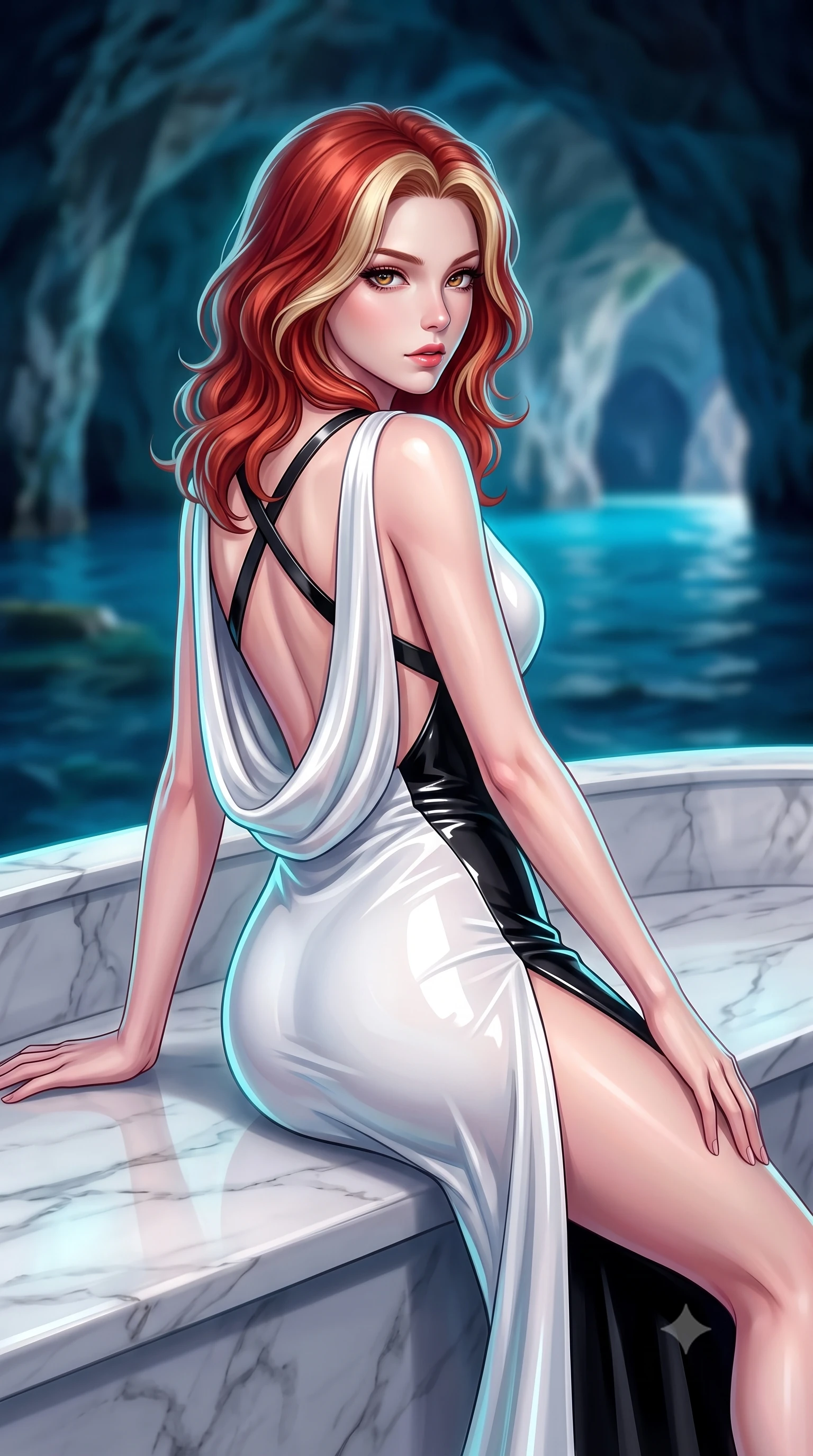 score_9, masterpiece, best quality, ultra-detailed, high-budget anime keyframe, semi-realistic 3D game render, editorial fashion photography, tasteful artistic composition, Caucasian woman. close-up cowboy shot from the waist and thighs up, the character dominates the composition, filling the frame with her large presence. gazing directly into the lens with bedroom eyes and a breathtaking, dangerous allure that commands the entire composition while reclining gracefully across a white marble boat ledge inside the glowing sea cavern of Capri's Blue Grotto. The composition keeps background elements in soft focus with creamy bokeh. submerged limestone ledges and distant cavern arches softened in smooth atmospheric depth of field. She has an exceptionally elegant, slender, and willowy female figure with an ultra-slim waist, a gracefully sculpted slender torso, toned flat midriff, and a refined slim silhouette. sharp v-shaped jawline, high-bridge nose, intricate jewel-like eyes with depth, thick eyelashes, glossy lips with a natural sheen, flawlessly proportioned anatomical accuracy, strict slender model proportions, natural body alignment, perfectly sculpted long slender limbs, ultra-slim waistline, clean dynamic posture without body distortion. wearing a precision-fitted liquid jersey bodycon dress with a dramatic draped cowl back that swoops down to her waist and a high side slit in high-gloss monochrome white and sharp black contrast, tailored from semi-translucent cybernetic vinyl with glowing micro-filaments, complemented by criss-cross back straps highlighting her completely bare spine, the liquid-tight tailored fabric emphasizing every curve of her tall, slender model proportions and sculptured silhouette during dynamic movement. illuminated by soft cyan rim lights tracing her ultra-slim waist, long legs, and sculpted collarbones. highly saturated vibrant anime colors, detailed shading with soft gradients, rich glossy textures, high-contrast stereoscopic depth, volumetric dynamic lighting, master piece, 9:16 ratio