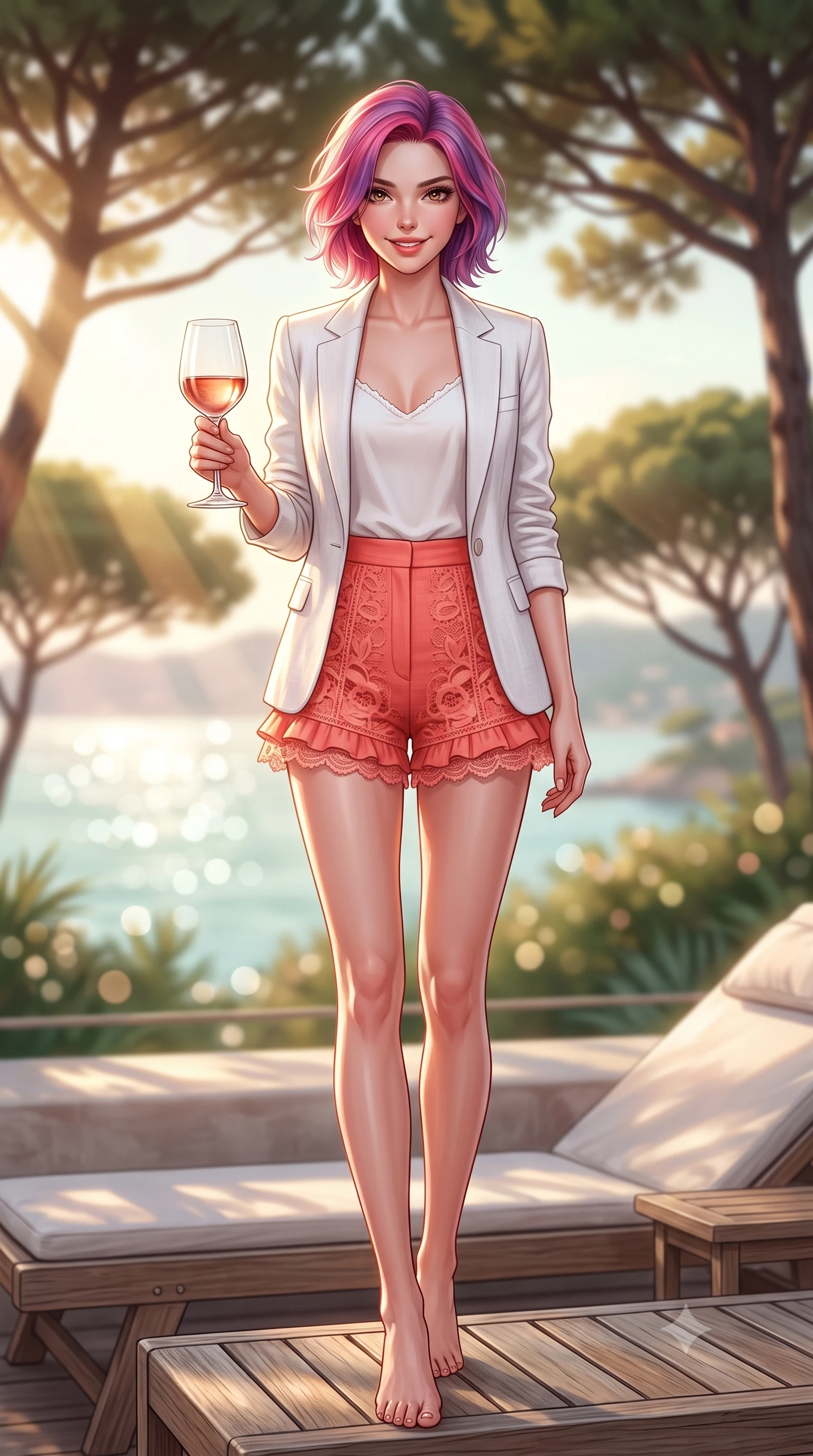 score_9, masterpiece, best quality, ultra-detailed, high-budget anime keyframe, semi-realistic 3D game render, editorial fashion photography, tasteful artistic composition, Caucasian woman. low angle full-body shot from head to toe showing her feet, filling the entire 9:16 vertical frame with her statuesque presence, stretching her vertical silhouette. reclining languidly on her side across the outdoor daybed with one knee drawn up, her radiant smile and arched hip curve commanding the 9:16 vertical frame with youthful sensual charisma while sitting gracefully on the edge of a teak sun lounger with legs crossed, holding a crystal glass of Provence rosé with effortless high-society charm. The composition keeps background elements in soft focus with dreamy creamy bokeh. silhouetted umbrella pine canopies and the glistening Saint-Tropez gulf blurred into sage green, rose-gold, and azure bokeh. She has an exceptionally tall and slender model-like 8.5-heads proportion, an ultra-slim waist, a flat toned midriff, narrow delicate ribcage, and beautifully sculpted feminine hips creating a graceful, slim hourglass silhouette without any bulky heaviness, with impossibly long slender legs. sharp v-shaped jawline, high-bridge nose, sparkling amber-hazel eyes with depth, long lush eyelashes, glossy sun-kissed lips with a warm coral glaze, radiant teasing smile with sensual sunlit bedroom-eyes, exuding effortless old-money elegance and intoxicating sun-drenched allure, flawlessly proportioned anatomical accuracy, strict slender model proportions, natural body alignment, perfectly sculpted long slender limbs, ultra-slim waistline, clean dynamic posture without body distortion. wearing a breezy white linen tailored blazer worn over a plunging-V camisole and high-waisted tailored linen shorts in vibrant sunset coral and cloud white, crafted from sheer delicate crochet lace with intricate bohemian floral motifs, finished with subtle ruffle trims and delicate scallop lace edging, the liquid-tight tailored fabric clinging flawlessly to her narrow waist and rounded feminine hips, emphasizing every millimeter of her sculpted slim hourglass curves without any bulky heaviness. bathed in horizontal golden hour sunbeams filtering through the umbrella pine canopy. highly saturated vibrant anime colors, detailed shading with soft gradients, rich glossy textures, high-contrast stereoscopic depth, volumetric dynamic lighting, master piece, 9:16 ratio
