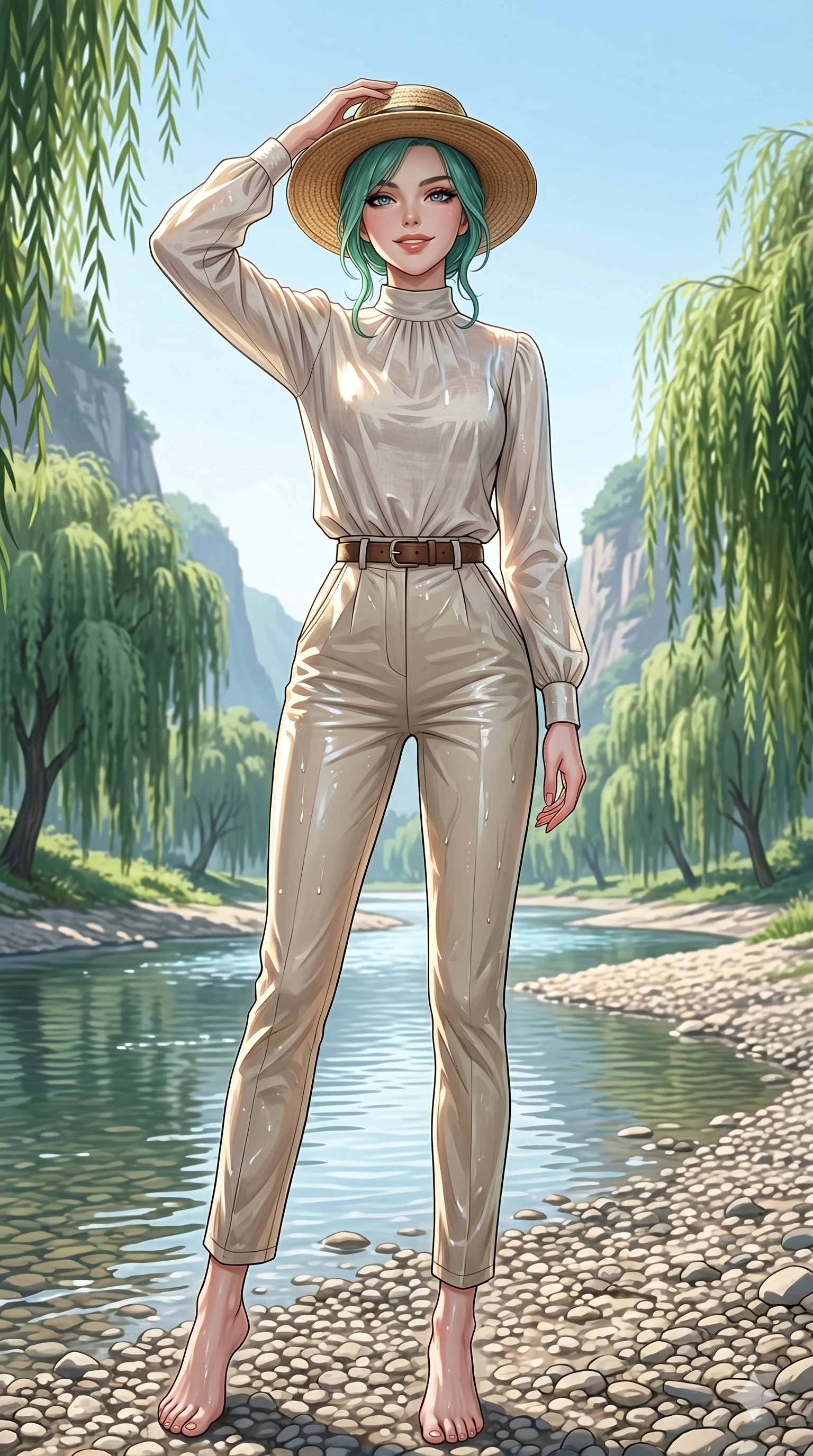 score_9, masterpiece, best quality, ultra-detailed, high-budget anime keyframe, editorial fashion photography, tasteful artistic composition, Japanese woman. low angle full-body shot from head to toe showing her feet, filling the entire 9:16 vertical frame with her statuesque presence, stretching her vertical silhouette. tilting her head back slightly with a confident and powerful smile, one hand resting on her straw hat by a winding valley river with pebbled shores and weeping willows (Code-P19-027). She has an absolutely perfect 8-heads proportion, an exceptionally tall and slender female figure with impossibly long slender legs and an ultra-slim waist. V-shaped jawline, high-bridge nose, intricate jewel-like eyes with depth, thick eyelashes, glossy lips with a natural sheen. wearing a high-neck linen blouse with long sleeves tucked into high-waist cotton trousers. drenched in bright afternoon sun, highlighting the glossy and wet textures of her outfit. 2k, ultra detail, master piece, 9:16 ratio
