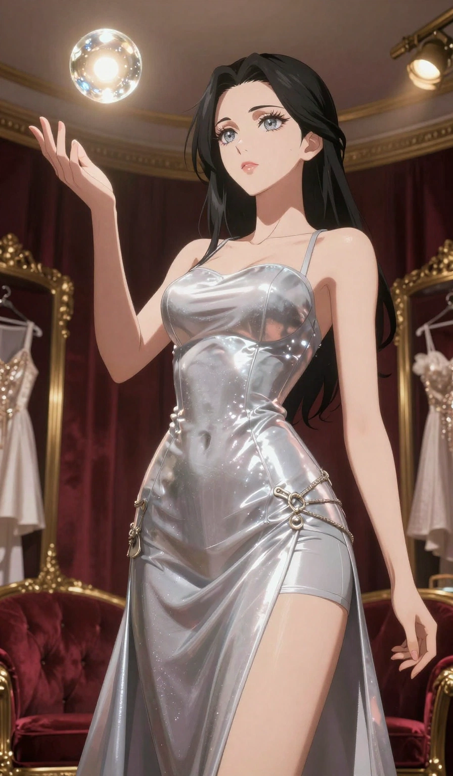 score_9, masterpiece, best quality, ultra-detailed, High-budget Anime Keyframe, East Asian woman. Low angle cowboy shot filling the entire 9:16 frame with her statuesque presence. Scenario 474: reaching out to catch a floating sphere of liquid light in a velvet-lined dressing room illuminated by soft golden spotlights. Her presence is magnetic and overpowering in this high-budget anime scene. Outfit 474: a body-hugging liquid silver shimmering chiffon gown worn over an opaque crop top and high-waisted shorts. The clothing is designed to emphasize her exceptionally tall and slender 8-heads proportion. 8-heads proportion, towering silhouette, ultra-slim waist. sharp v-shaped jawline, intricate jewel-like eyes with depth, thick eyelashes, glossy lips. 2k, ultra detail, master piece, 9:16 ratio