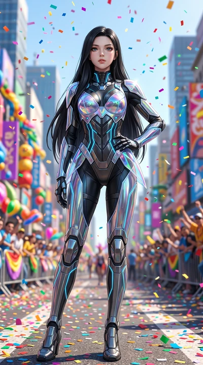 score_9, masterpiece, best quality, ultra-detailed, Set A: Photorealistic 8k CG, Japanese woman. Low angle cowboy shot filling the entire 9:16 frame with her statuesque presence. Standing in a rain of colorful confetti on a grand parade. She has an a