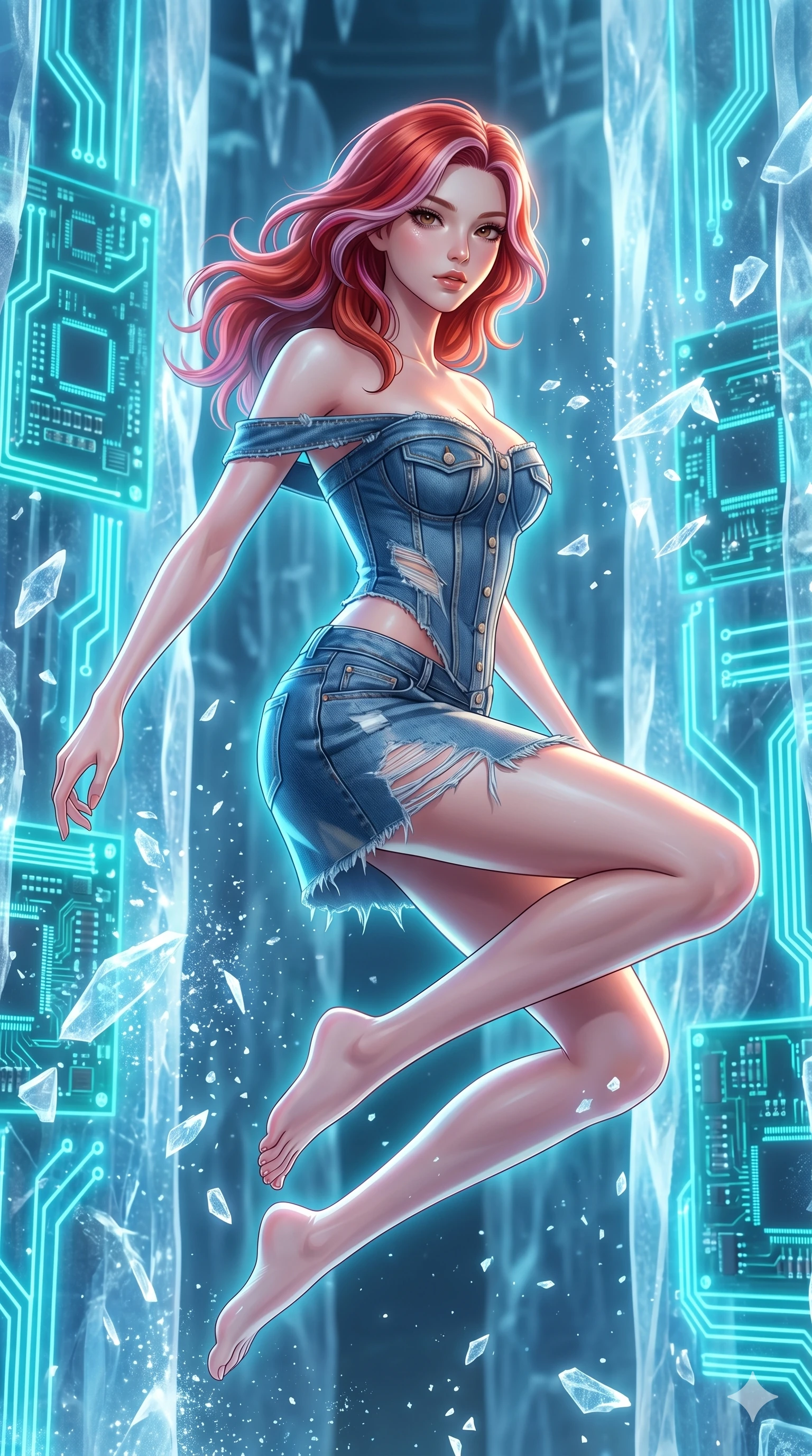 score_9, masterpiece, best quality, ultra-detailed, high-budget anime keyframe, Japanese woman. upper body close-up from the thighs up, character filling the screen for maximum presence. leaping inside a sub-zero cybernetic ice temple, where glowing neon cyan computer circuit boards are frozen within translucent ice pillars, fracturing ice crystals into sparkles around her. She has an absolutely perfect 8-heads proportion, an exceptionally tall and slender female figure with impossibly long slender legs and an ultra-slim waist. V-shaped jawline, high-bridge nose, intricate jewel-like eyes with depth, thick eyelashes, glossy lips with a natural sheen.. wearing a deconstructed denim corset and an asymmetric ripped denim structured mini skirt, showcasing a rugged yet chic off-shoulder style. bathed in brilliant cinematic volumetric lighting and intense neon rim light highlighting her slender form. 2k, ultra detail, master piece, 9:16 ratio