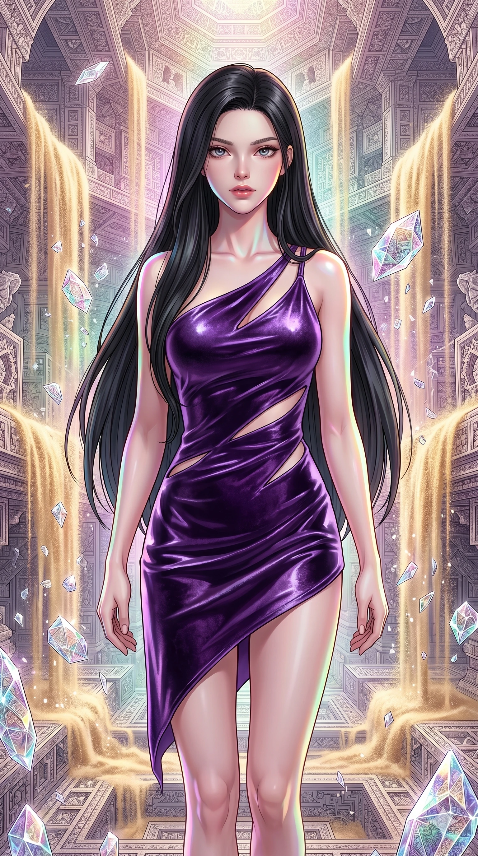 score_9, masterpiece, best quality, ultra-detailed, high-budget anime keyframe, Caucasian woman, strictly human ears. upper body close-up from the thighs up, character filling the screen for maximum presence. descending through a fractal quicksand temple where golden sand waterfalls transform into glass crystals, revealing intricate repeating patterns. She has an absolutely perfect 8-heads proportion, an exceptionally tall and slender female figure with impossibly long slender legs and an ultra-slim waist. V-shaped jawline, high-bridge nose, intricate jewel-like eyes with depth, thick eyelashes, glossy lips with a natural sheen.. wearing an asymmetric liquid velvet slip dress, featuring a wet-look deep purple velvet one-shoulder mini slip with slanted slashed cutouts. enhanced by a luminous pastel spectrum glow, casting elegant rim lights on her shoulders and jawline. 2k, ultra detail, master piece, 9:16 ratio