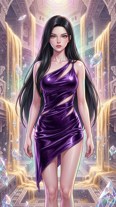 score_9, masterpiece, best quality, ultra-detailed, high-budget anime keyframe, Caucasian woman, strictly human ears. upper body close-up from the thighs up, character filling the screen for maximum presence. descending through a fractal quicksand te