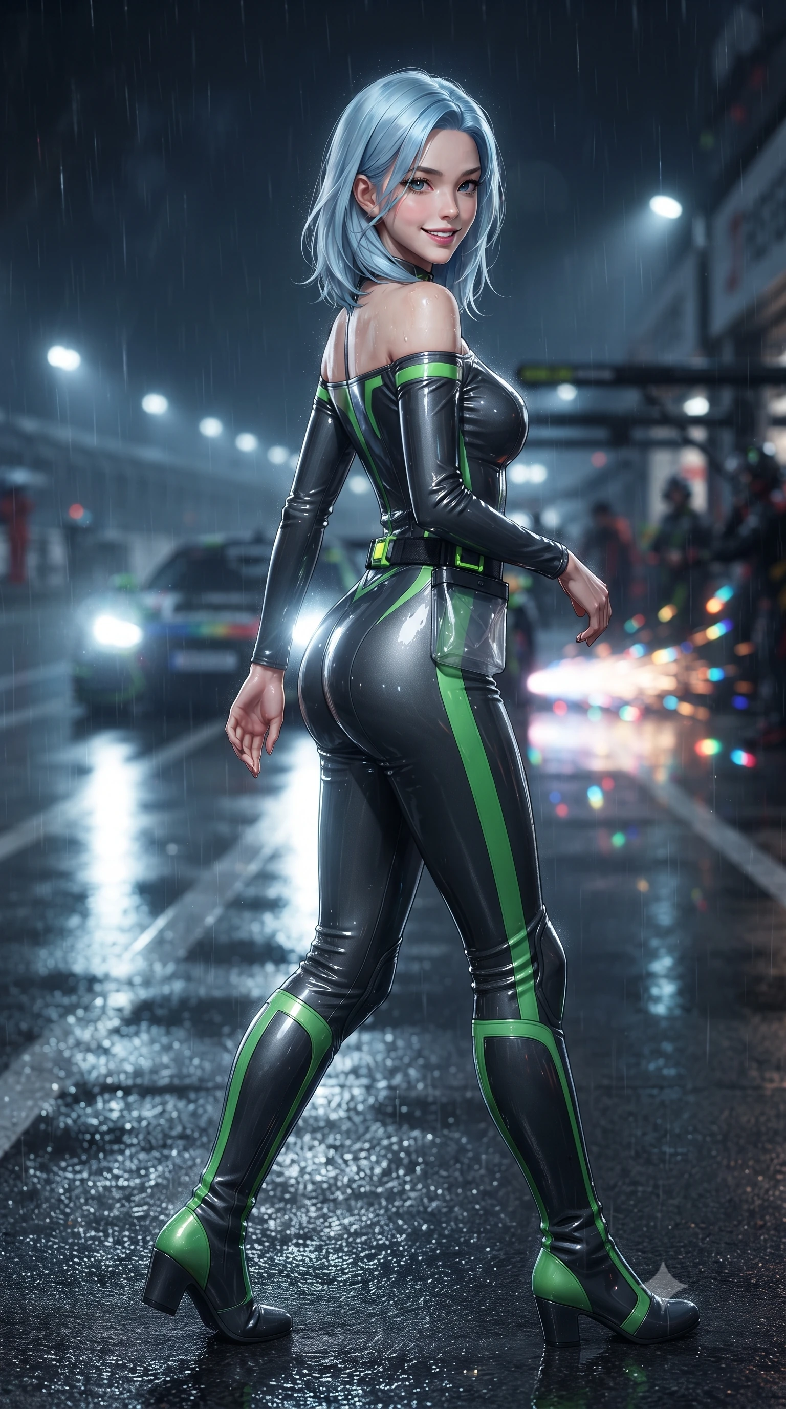 score_9, masterpiece, best quality, ultra-detailed, high-budget anime keyframe, editorial fashion photography, tasteful artistic composition, Korean woman. close-up cowboy shot from the waist and thighs up, the character dominates the composition, filling the frame with her large presence. turning over a bare shoulder with an intoxicating, teasing smile, her soft hair framing her sharp jawline as she looks back while striding dynamically along the wet pitlane pavement as incoming headlights cast long, cinematic specular reflections. The composition keeps background elements in soft focus with creamy bokeh. rain-slicked asphalt reflections and turbo exhaust sparks scattering vivid chromatic light motes. She has an exceptionally elegant, slender, and willowy female figure with an ultra-slim waist, a gracefully sculpted slender torso, toned flat midriff, and a refined slim silhouette. sharp v-shaped jawline, high-bridge nose, intricate jewel-like eyes with depth, thick eyelashes, glossy parted lips with a natural sheen, intensely captivating and seductive expression, flawlessly proportioned anatomical accuracy, strict slender model proportions, natural body alignment, perfectly sculpted long slender limbs, ultra-slim waistline, clean dynamic posture without body distortion. wearing a second-skin motocore bodysuit with bold racing stripes and ergonomic aerodynamic knee-high boots in dark carbon grey and laser green accents, tailored from high-gloss patent vinyl with sharp specular chiaroscuro, complemented by a neon LED belt buckle and translucent vinyl tool pouch, the sleek tactical cut tightly hugging her graceful clavicle, narrow waist, and athletic curves with statuesque precision. surrounded by a fierce, electrifying, and irresistibly intoxicating motorsport queen aura. ultra-reflective glossy finish, specular highlights, rich textural contrasts, high-contrast stereoscopic depth, volumetric dynamic lighting, 2k, ultra detail, master piece, 9:16 ratio