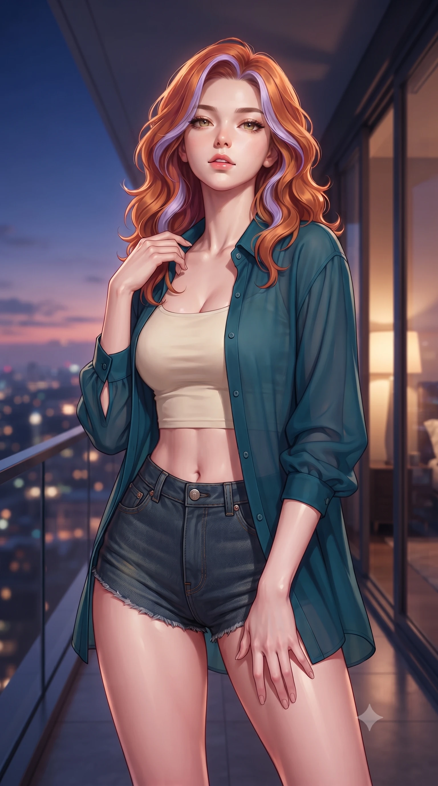 score_9, masterpiece, best quality, ultra-detailed, high-budget anime keyframe, editorial fashion photography, tasteful artistic composition, Caucasian woman. close-up cowboy shot from the waist and thighs up, the character dominates the composition, filling the frame with her large presence, background elements kept in soft focus. tilting her chin up slightly with lips parted in a composed, provocative expression the background shows a soft-focus a high-rise executive suite balcony with sleek glass railings looking over the city. She has an exceptionally elegant, slender, and willowy female figure with an ultra-slim waist, a gracefully sculpted slender torso, and a refined silhouette. sharp v-shaped jawline, high-bridge nose, intricate jewel-like eyes with depth, thick eyelashes, glossy lips with a natural sheen. wearing a tailored lightweight chiffon cover-up shirt worn open over a crop top and high-cut shorts. dramatic twilight sky lighting contrasting with warm interior room lamps. highly saturated vibrant anime colors, detailed shading with soft gradients, rich glossy textures, high-contrast stereoscopic depth, volumetric dynamic lighting, master piece, 9:16 ratio