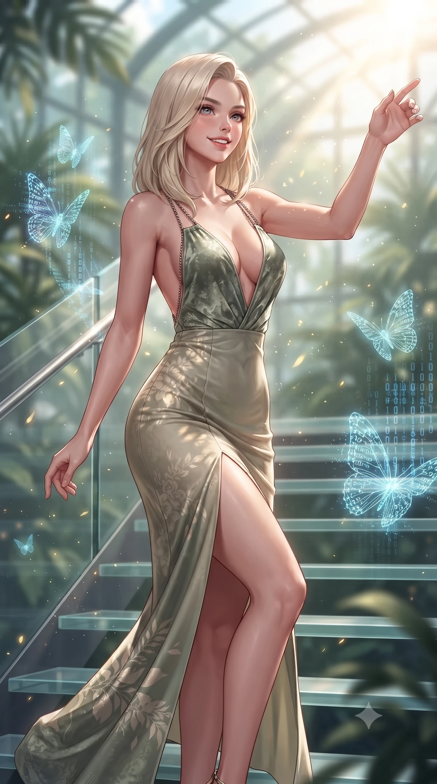 score_9, masterpiece, best quality, ultra-detailed, high-budget anime keyframe, editorial fashion photography, tasteful artistic composition, Caucasian woman. close-up cowboy shot from the waist and thighs up, the character dominates the composition, filling the frame with her large presence, background elements kept in soft focus. Extending one arm in an elegant stretch toward the light while smiling with magnetic self-assurance while stepping along a vertical glass staircase enveloped by tropical volumetric sunbeams, glowing pollen particles and binary code butterflies drifting around her form. She has an exceptionally elegant, slender, and willowy female figure with an ultra-slim waist, a gracefully sculpted slender torso, and a refined silhouette. sharp v-shaped jawline, high-bridge nose, intricate jewel-like eyes with depth, thick eyelashes, glossy lips with a natural sheen, flawlessly proportioned anatomical accuracy, natural body alignment, perfectly sculpted elegant limbs, clean dynamic posture without body distortion. wearing a backless crushed velvet gown with a deep V-neckline and high thigh slit in sage green and oatmeal, crafted from smooth liquid silk, adorned with delicate metallic chain straps along the neckline, the tailored fabric tightly following every curve of her athletic build. illuminated by brilliant sunbeams casting organic leaf stencil shadows. ultra-reflective glossy finish, specular highlights, metallic sheen, high-contrast stereoscopic depth, volumetric dynamic lighting, 2k, ultra detail, master piece, 9:16 ratio
