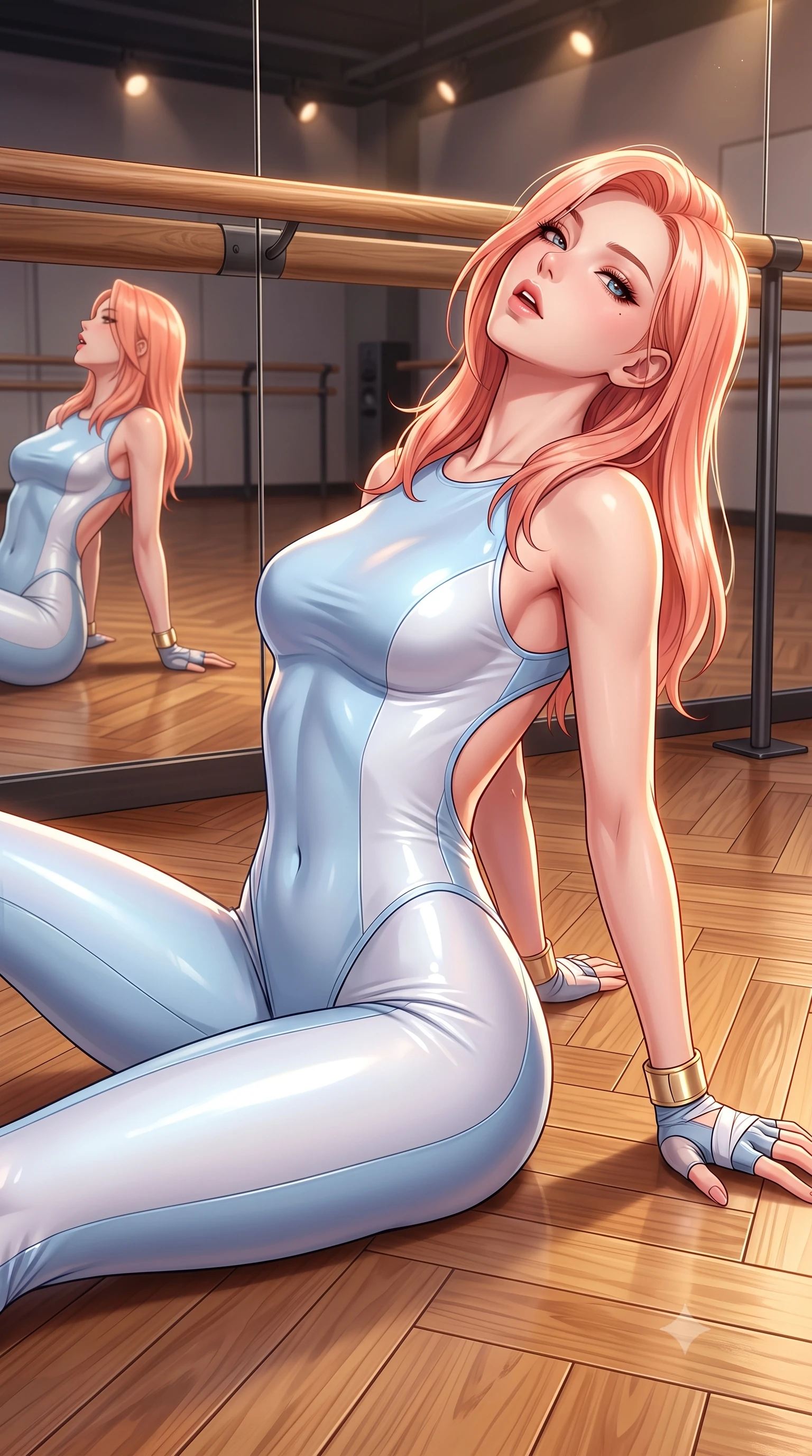 score_9, masterpiece, best quality, ultra-detailed, high-budget anime keyframe, semi-realistic 3D game render, editorial fashion photography, tasteful artistic composition, Japanese woman. close-up cowboy shot from the waist and thighs up, the character dominates the composition, filling the frame with her large presence. leaning back with relaxed seductive grace, her sculpted collarbones and narrow waist highlighted as she casts smoldering bedroom-eyes directly into the camera while reclining on the dance studio floor propped up on one hip, head tilted back in ecstasy with parted lips as warm spotlights trace her silhouette. The surrounding environment is rendered in vivid detail and crisp panoramic clarity. sharp mirror reflection seams, polished hardwood parquet flooring, and wooden barre grain in deep focus. She has an exceptionally elegant, slender, and willowy female figure with an ultra-slim waist, a gracefully sculpted slender torso, toned flat midriff, and rounded feminine hips creating an alluring hourglass silhouette. sharp v-shaped jawline, high-bridge nose, intricate jewel-like eyes with depth, thick eyelashes, glossy parted lips with a natural sheen, intensely captivating and seductive bedroom-eyes expression, flawlessly proportioned anatomical accuracy, strict slender model proportions, natural body alignment, perfectly sculpted long slender limbs, ultra-slim waistline, clean dynamic posture without body distortion. wearing an aerodynamic compression bodysuit featuring a wide open back and reinforced hip contour seams in icy powder blue and pearl white, crafted from second-skin aerodynamic stretch vinyl with specular sheen, accessorized with fingerless athletic wrap gloves and minimalist gold cuffs, the precision-cut side openings and low-back scoop framing her graceful spine and the sensual sweep of her hips. illuminated by crisp specular rim lights accentuating her narrow waist, curved hips, and long legs. highly saturated vibrant anime colors, detailed shading with soft gradients, rich glossy textures, high-contrast stereoscopic depth, volumetric dynamic lighting, master piece, 9:16 ratio