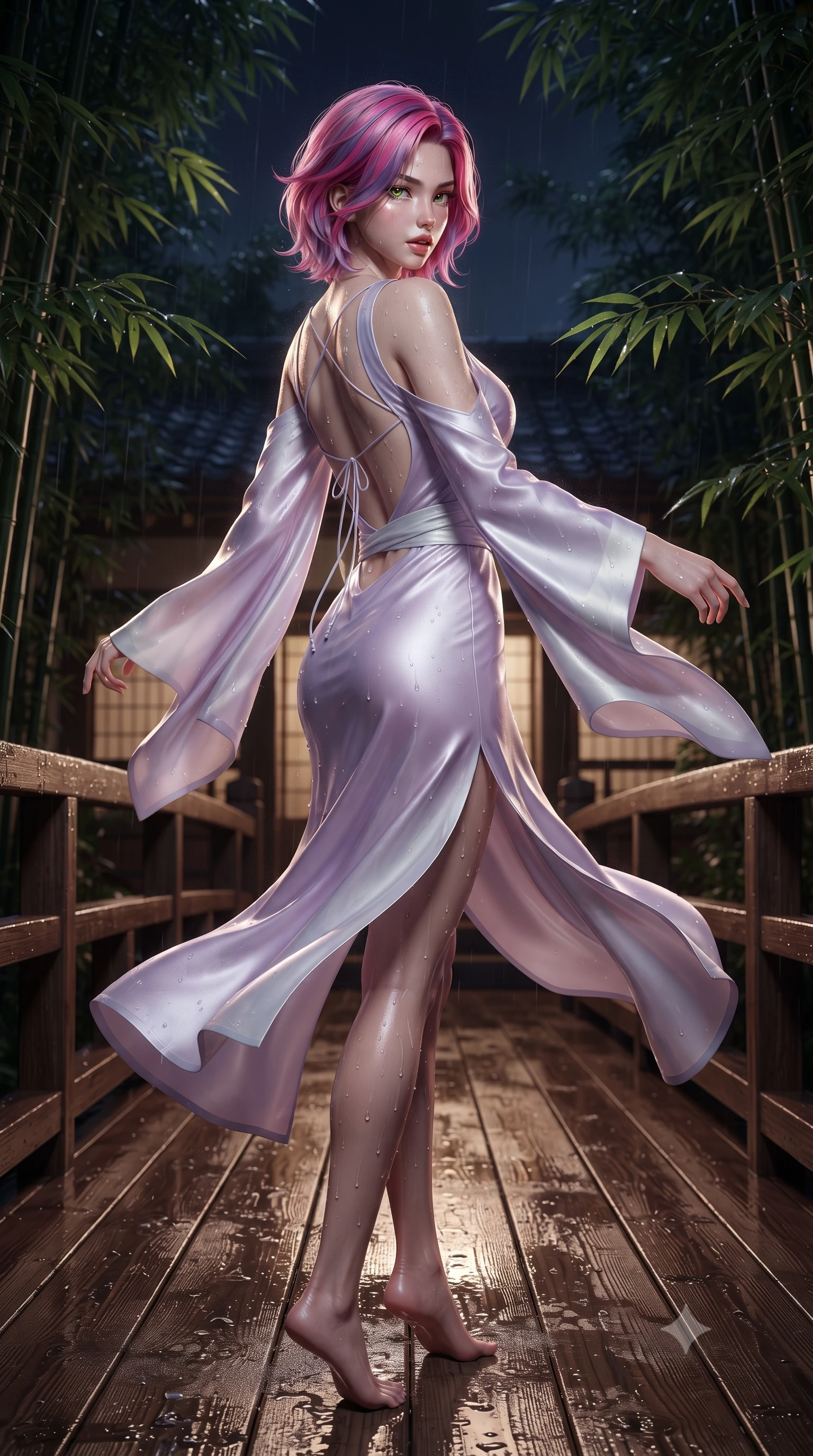 score_9, masterpiece, best quality, ultra-detailed, high-budget anime keyframe, editorial fashion photography, tasteful artistic composition, Caucasian woman. low angle full-body shot from head to toe showing her feet, filling the entire 9:16 vertical frame with her statuesque presence, stretching her vertical silhouette. executing an elegant mid-motion pivot turn as garments swirl around her slender limbs, glancing over her shoulder with an intoxicating bedroom-gaze while standing poised on the wooden bridge terrace, twisting her upper body in an alluring S-curve as night wind rustles through the bamboo canopy. The surrounding environment is rendered in vivid detail and crisp panoramic clarity. sharp wet hinoki wood grain, distinct water droplet tracks on skin, and bamboo leaf venation in deep focus. She has an absolutely perfect, statuesque 8.5-heads proportion, an exceptionally tall and slender model-like female figure with impossibly long slender legs, a toned flat midriff, an ultra-slim waist, and beautifully sculpted feminine hips. sharp v-shaped jawline, high-bridge nose, intricate jewel-like eyes with depth, thick eyelashes, glossy parted lips with a natural sheen, intensely captivating and seductive bedroom-eyes expression, flawlessly proportioned anatomical accuracy, strict slender model proportions, natural body alignment, perfectly sculpted long slender limbs, ultra-slim waistline, clean dynamic posture without body distortion. wearing a traditional-modern silk fusion wrap dress with asymmetric trailing sleeves and waist-cinching obi in ethereal lilac mist and pearlescent white, tailored from smooth liquid silk satin adhering seamlessly to her wet skin, finished with a dramatic open back framed by criss-cross delicate silk cords, the dramatically scooped open back descending to the base of her spine, accentuating her razor-sharp statuesque lines and curvy hourglass silhouette. surrounded by a tranquil, poetic, and deeply sensual Japanese ryokan muse aura. ultra-reflective glossy finish, specular highlights, rich textural contrasts, high-contrast stereoscopic depth, volumetric dynamic lighting, 2k, ultra detail, master piece, 9:16 ratio