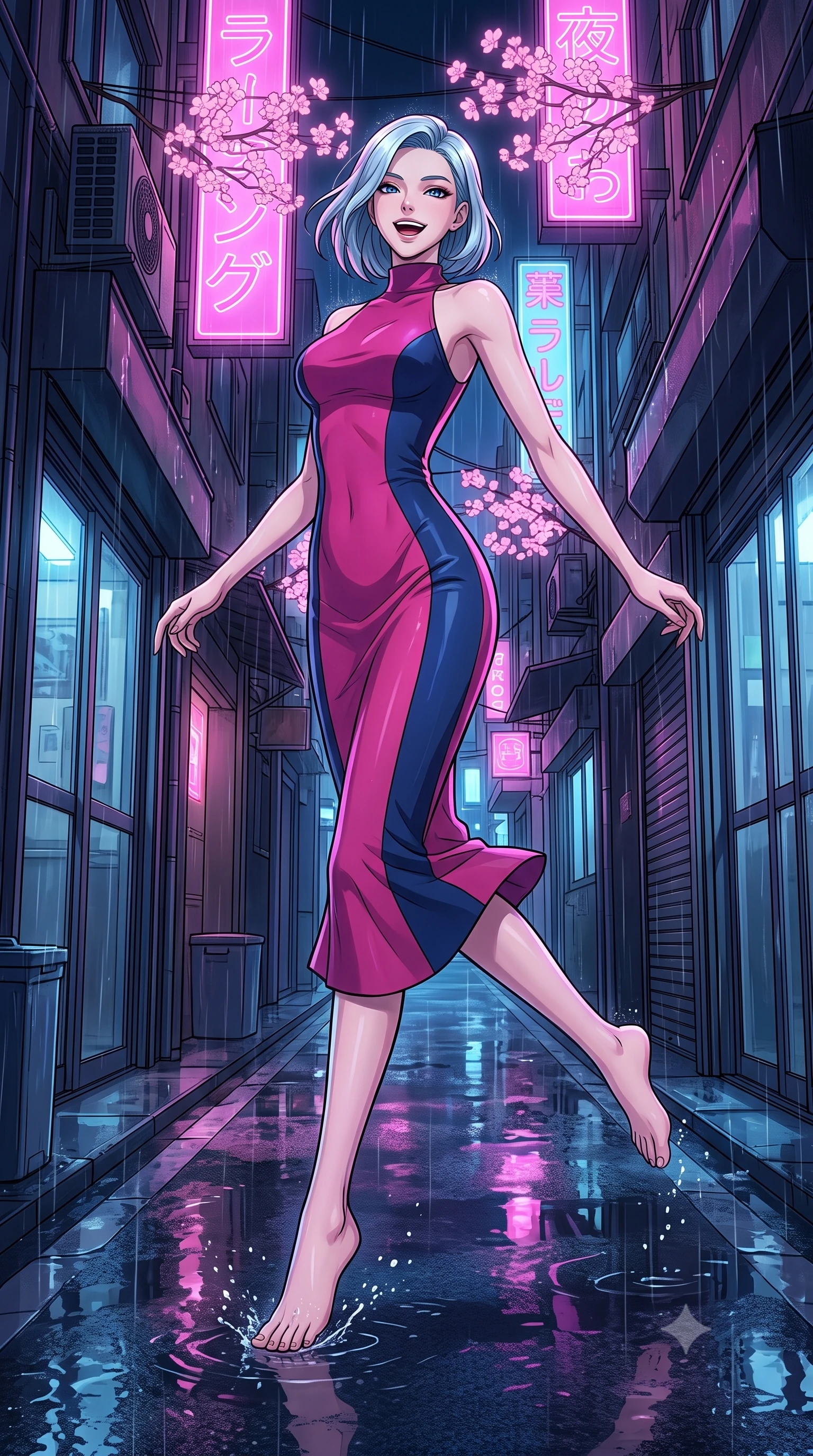 score_9, masterpiece, best quality, ultra-detailed, high-budget anime keyframe, editorial fashion photography, tasteful artistic composition, gorgeous anime illustration, with clean line-art, distinct ink outlines, and high-contrast stereoscopic depth, Korean woman. low angle full-body shot from head to toe showing her feet, filling the entire 9:16 vertical frame with her statuesque presence, stretching her vertical silhouette. leaping gracefully with a bright, joyful laugh through in a narrow Tokyo-style alleyway at night during a rainstorm, with glowing pink neon cherry blossoms hanging above and wet asphalt below. She has a statuesque 8.5-heads proportion, an exceptionally tall, slender and willowy model-like build with impossibly long legs and a highly sculpted ultra-slim waist. sharp v-shaped jawline, high-bridge nose, intricate jewel-like eyes with depth, thick eyelashes, glossy lips with a natural sheen. wearing a high-neck bodycon midi dress in a dual-tone of fuchsia and navy, sculpting her slender dancer frame with elegant lines. vivid pink neon lights reflecting off the wet asphalt and glass windows, highlighting the glossy rain-slicked textures. 2k, ultra detail, master piece, 9:16 ratio, highly saturated vibrant anime colors, detailed cel-shading with soft gradients, rich glossy textures, deep contrast, volumetric dynamic lighting, 2d animation style