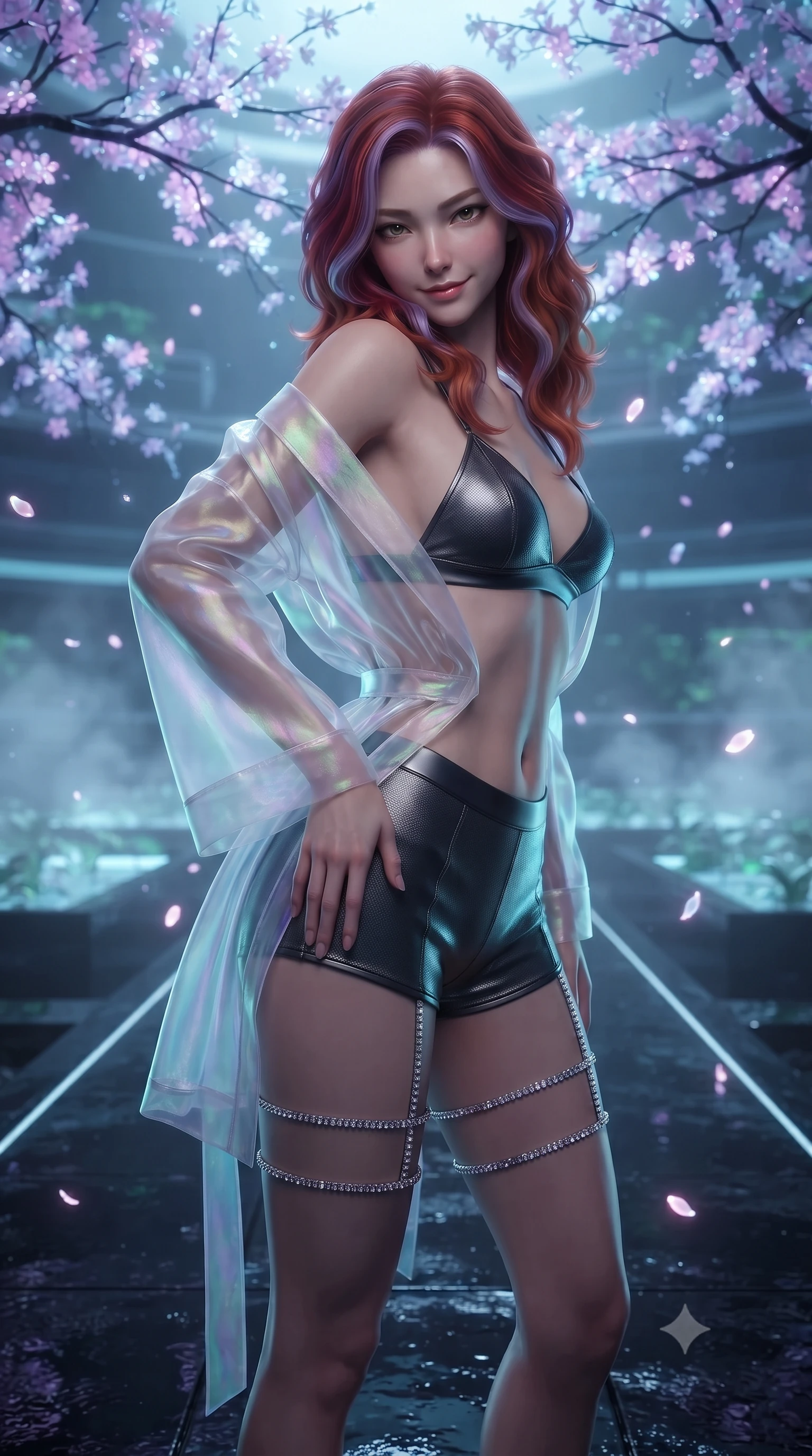 score_9, masterpiece, best quality, ultra-detailed, high-budget anime keyframe, editorial fashion photography, tasteful artistic composition, Caucasian woman. close-up cowboy shot from the waist and thighs up, the character dominates the composition, filling the frame with her large presence. tilting her head with a teasing half-smile, running one hand slowly down the side of her hip in a flirtatious S-curve as ambient light caresses her silhouette while standing poised on the wet black obsidian pathway beneath bioluminescent glass sakura branches, arching her lower back with sovereign supermodel grace as glowing petal holograms drift through the air. The background shows a soft-focus subtle mist vapor from hydroponic water beds softened in futuristic orbital biosphere shallow focus. She has an exceptionally elegant, slender, and willowy female figure with an ultra-slim waist, flat toned midriff, narrow ribcage, and sculpted feminine hips creating an alluring, slim hourglass silhouette without bulk. sharp v-shaped jawline, high-bridge nose, intricate jewel-like sparkling eyes with depth, thick eyelashes, glossy parted lips with a natural peach sheen, bright cheerful beaming smile with an enchanting and coquettish sensual glint, exuding both youthful cute charm and seductive allure, flawlessly proportioned anatomical accuracy, strict slender model proportions, natural body alignment, perfectly sculpted long slender limbs, ultra-slim waistline, clean dynamic posture without body distortion. wearing a translucent iridescent organza kimono robe slipping off bare shoulders over a matching satin micro-bralette and shorts in matte carbon fiber black and polished chrome, tailored from high-density tech-wool with subtle metallic thread weave, finished with delicate crystal-encrusted thigh garter straps glinting in the dim light, the glove-like clinging cut tightly following the natural contour of her hips and long slender legs with youthful 8.5-heads elegance. illuminated by floor pool reflection bounce and sharp laser-cyan rim lights sculpting her razor-sharp jawline, narrow waist, and curvy hips. ultra-reflective glossy finish, specular highlights, rich textural contrasts, high-contrast stereoscopic depth, volumetric dynamic lighting, 2k, ultra detail, master piece, 9:16 ratio