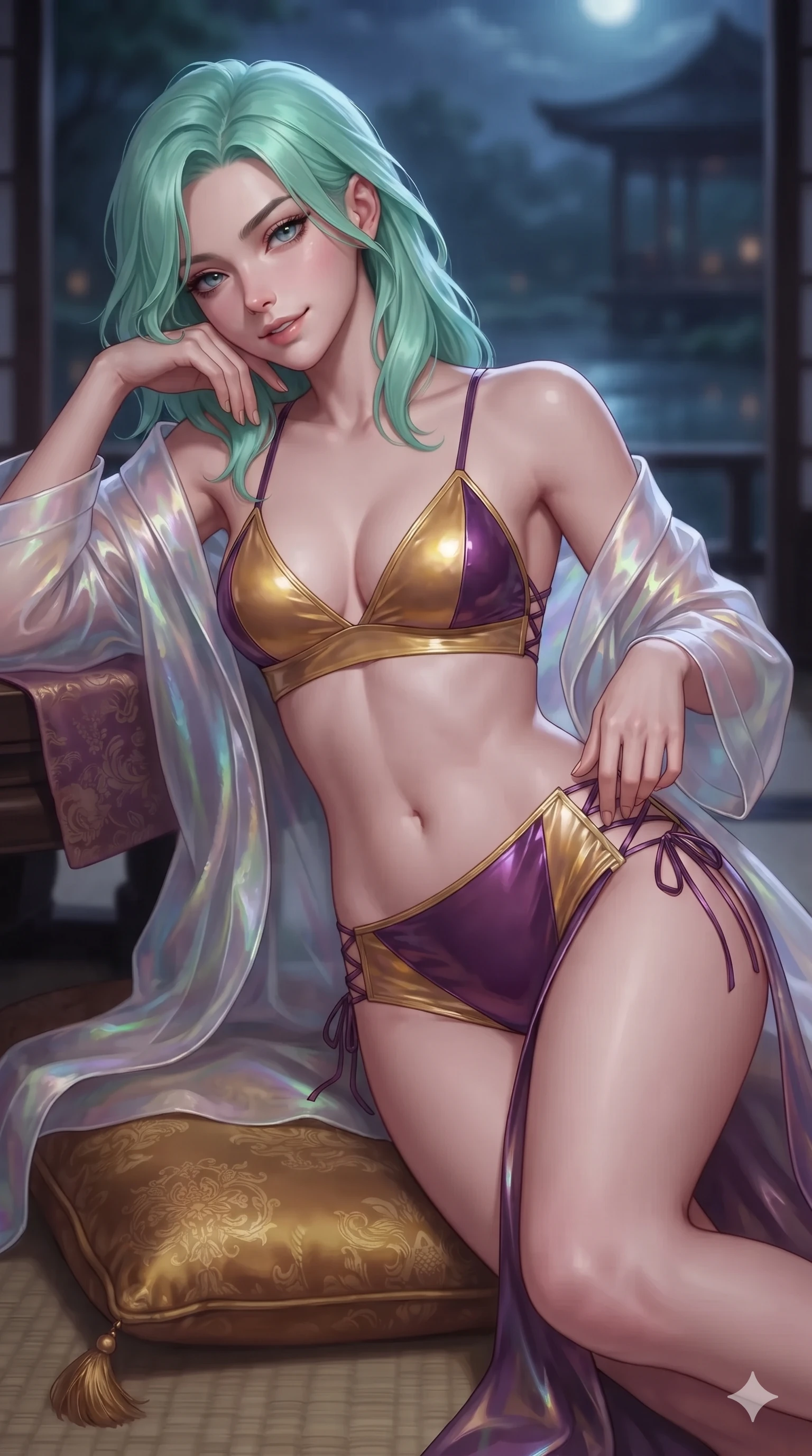 score_9, masterpiece, best quality, ultra-detailed, high-budget anime keyframe, editorial fashion photography, tasteful artistic composition, Japanese woman. close-up cowboy shot from the waist and thighs up, the character dominates the composition, filling the frame with her large presence. tilting her head with a teasing half-smile, running one hand slowly down the side of her hip in a flirtatious S-curve as ambient light caresses her silhouette while lounging languidly on an antique silk floor cushion propped on one elbow, her flat midriff and long slender legs commanding the moonlit pavilion vista. The background shows a soft-focus moonlit pavilion atmosphere softened in romantic nocturnal lake shallow focus. She has an exceptionally elegant, slender, and willowy female figure with an ultra-slim waist, flat toned midriff, narrow ribcage, and sculpted feminine hips creating an alluring, slim hourglass silhouette without bulk. sharp v-shaped jawline, high-bridge nose, sparkling eyes with hypnotic seductive depth, thick curled eyelashes, glossy parted lips with a natural dewy peach sheen, alluring bedroom-eyes with an enchanting coquettish smile, exuding magnetic siren charisma and sophisticated glamour, flawlessly proportioned anatomical accuracy, strict slender model proportions, natural body alignment, perfectly sculpted long slender limbs, ultra-slim waistline, clean dynamic posture without body distortion. wearing a translucent iridescent organza durumagi robe slipping off bare shoulders over a matching satin micro-bralette and wrap briefs in imperial gold and royal plum purple, crafted from wet-look high-gloss vinyl fabric with dazzling specular surface reflections, featuring fine criss-cross lace-up side ties revealing tantalizing glimpses of her hip curve, the high-slit wrap tailoring accentuating her ultra-slim waistline and the enchanting curve of her feminine hips with alluring seductive charm. illuminated by pond surface moonbeam bounce and sharp platinum rim lights sculpting her razor-sharp jawline, narrow waist, and curvy hips. ultra-reflective glossy finish, specular highlights, rich textural contrasts, high-contrast stereoscopic depth, volumetric dynamic lighting, 2k, ultra detail, master piece, 9:16 ratio