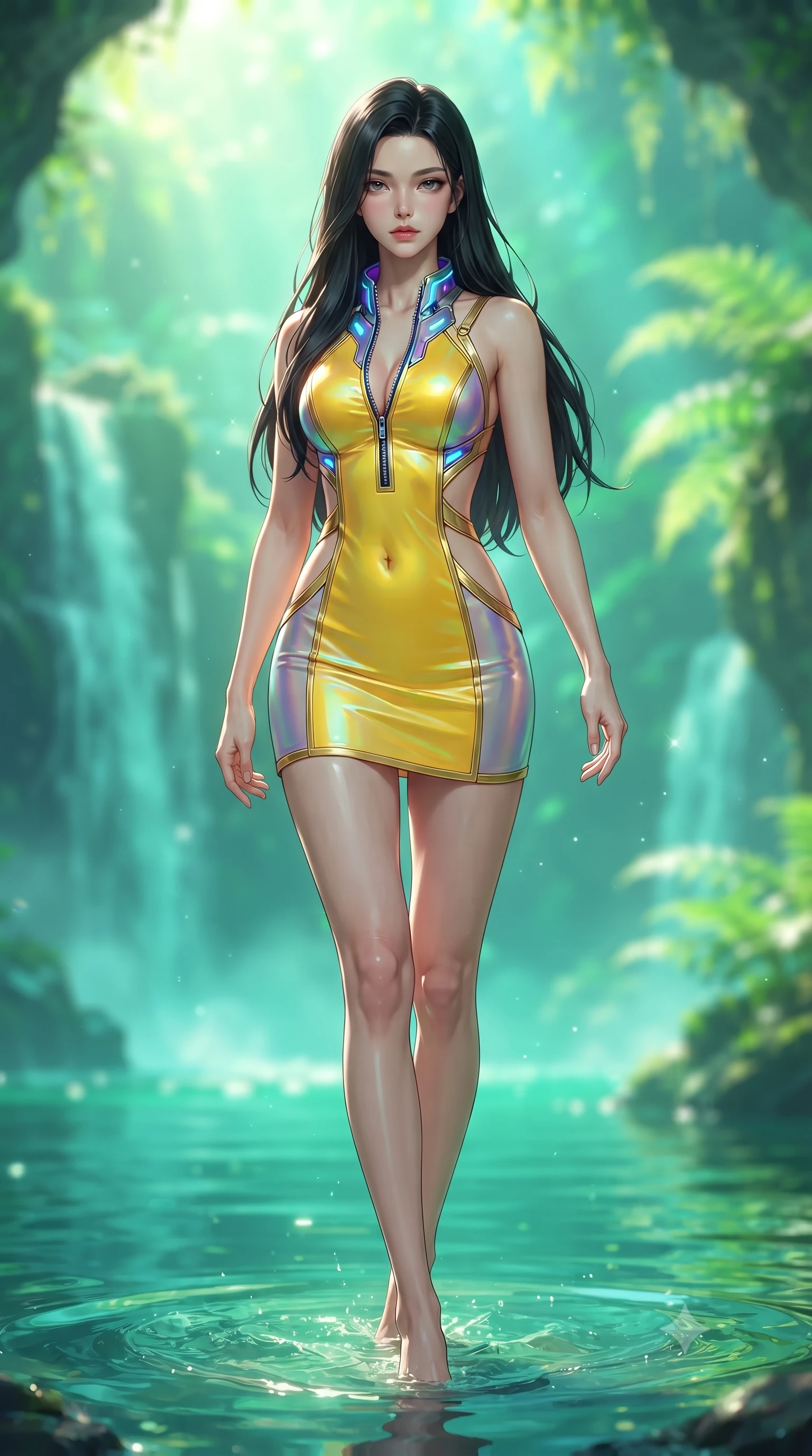 score_9, masterpiece, best quality, ultra-detailed, high-budget anime keyframe, editorial fashion photography, tasteful artistic composition, Korean woman. low angle full-body shot from head to toe showing her feet, filling the entire 9:16 vertical frame with her statuesque presence, stretching her vertical silhouette. striding forward in a proud, statuesque motion with a dangerous smolder, her vertical silhouette dominating the frame from head to toe while stepping gracefully through shallow emerald water with an alluring, confident backward glance. The composition keeps background elements in soft focus with creamy bokeh. cascading emerald waterfalls and sunlit grotto ferns blurred into lush green and turquoise bokeh. She has an absolutely perfect, statuesque 8.5-heads proportion, an exceptionally tall and slender model-like female figure with impossibly long slender legs, a toned flat midriff, and an ultra-slim waist. sharp v-shaped jawline, high-bridge nose, intricate jewel-like eyes with depth, thick eyelashes, glossy lips with a natural sheen, flawlessly proportioned anatomical accuracy, strict slender model proportions, natural body alignment, perfectly sculpted long slender limbs, ultra-slim waistline, clean dynamic posture without body distortion. wearing a second-skin fashion-latex mini dress with a clean architectural front, featuring an open-back design that wraps around the sides of her waist, showcasing her slender silhouette in vibrant sunburst canary yellow and gold trim, made of smooth iridescent silk chiffon that shifts colors with movement, featuring a dangerously unzipped neckline framed by glowing cybernetic accents, the sleek second-skin cut tightly hugging her graceful clavicle, narrow waist, and feminine curves with athletic precision. bathed in bright morning sunbeams penetrating waterfall mist with radiant green and cyan ambient glow. ultra-reflective glossy finish, specular highlights, metallic sheen, high-contrast stereoscopic depth, volumetric dynamic lighting, 2k, ultra detail, master piece, 9:16 ratio