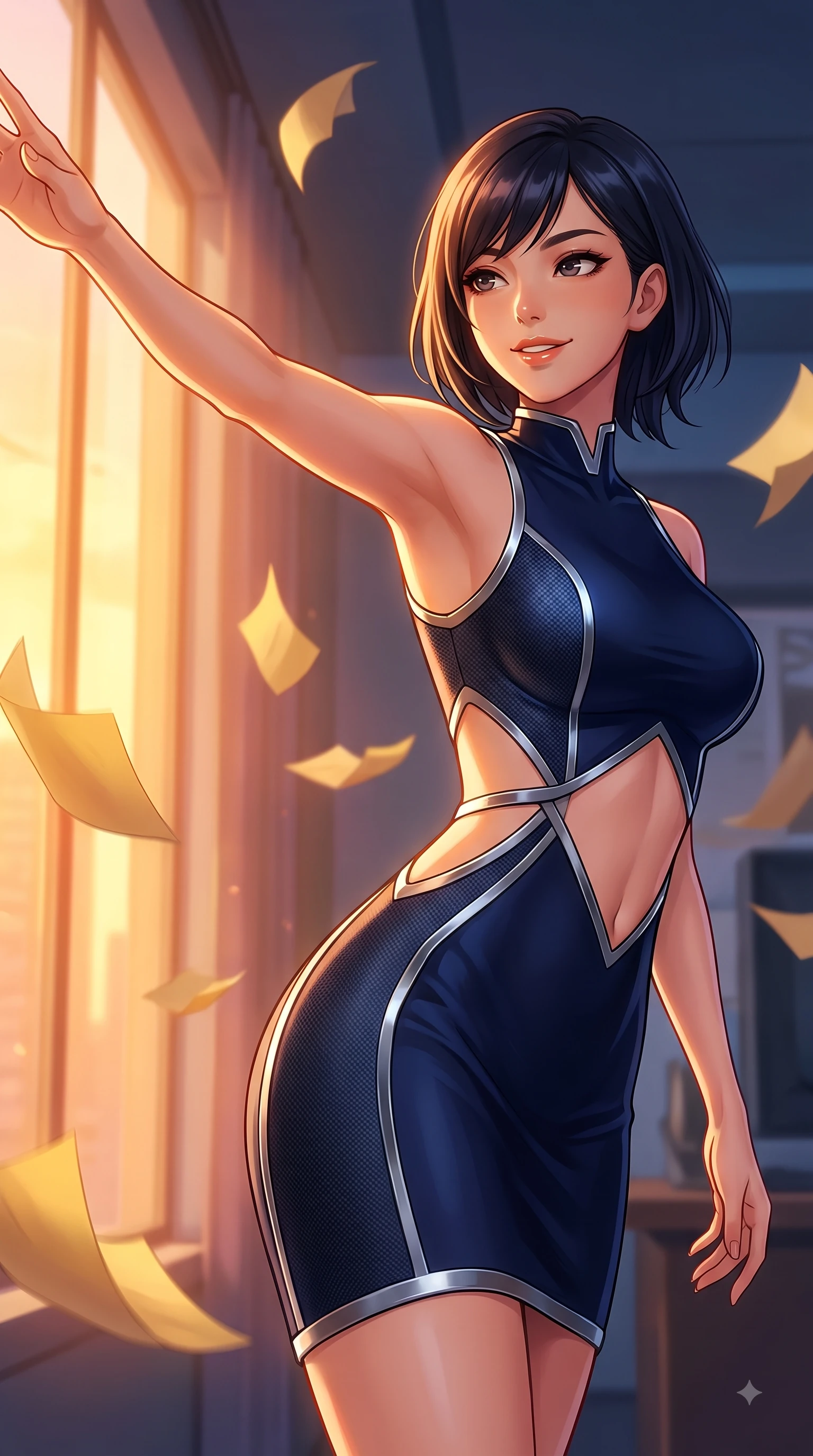 score_9, masterpiece, best quality, ultra-detailed, high-budget anime keyframe, editorial fashion photography, tasteful artistic composition, Japanese woman. close-up cowboy shot from the waist and thighs up, the character dominates the composition, filling the frame with her large presence, background elements kept in soft focus. Extending one arm in an elegant stretch toward the light while smiling with magnetic self-assurance while pivoting in a dynamic profile pose as twilight amber light streams through the massive window, golden paper pages fluttering gently around her in a magical twilight breeze. She has an exceptionally elegant, slender, and willowy female figure with an ultra-slim waist, a gracefully sculpted slender torso, and a refined silhouette. sharp v-shaped jawline, high-bridge nose, intricate jewel-like eyes with depth, thick eyelashes, glossy lips with a natural sheen, flawlessly proportioned anatomical accuracy, natural body alignment, perfectly sculpted elegant limbs, clean dynamic posture without body distortion. wearing a precision-fitted liquid jersey bodycon dress with a graceful draped back in midnight navy blue and chrome trim, made of fine carbon-fiber weave and soft matte leather, featuring subtle geometric cutouts that highlight her ultra-slim midriff, the glove-like fit emphasizing her statuesque silhouette during motion. bathed in warm twilight amber backlighting and rich metallic specular glow. highly saturated vibrant anime colors, detailed shading with soft gradients, rich glossy textures, high-contrast stereoscopic depth, volumetric dynamic lighting, master piece, 9:16 ratio
