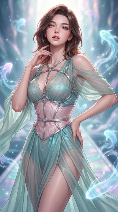 score_9, masterpiece, best quality, ultra-detailed, high-budget anime keyframe, editorial fashion photography, tasteful artistic composition, Korean woman. close-up cowboy shot from the waist and thighs up, the character dominates the composition, fi
