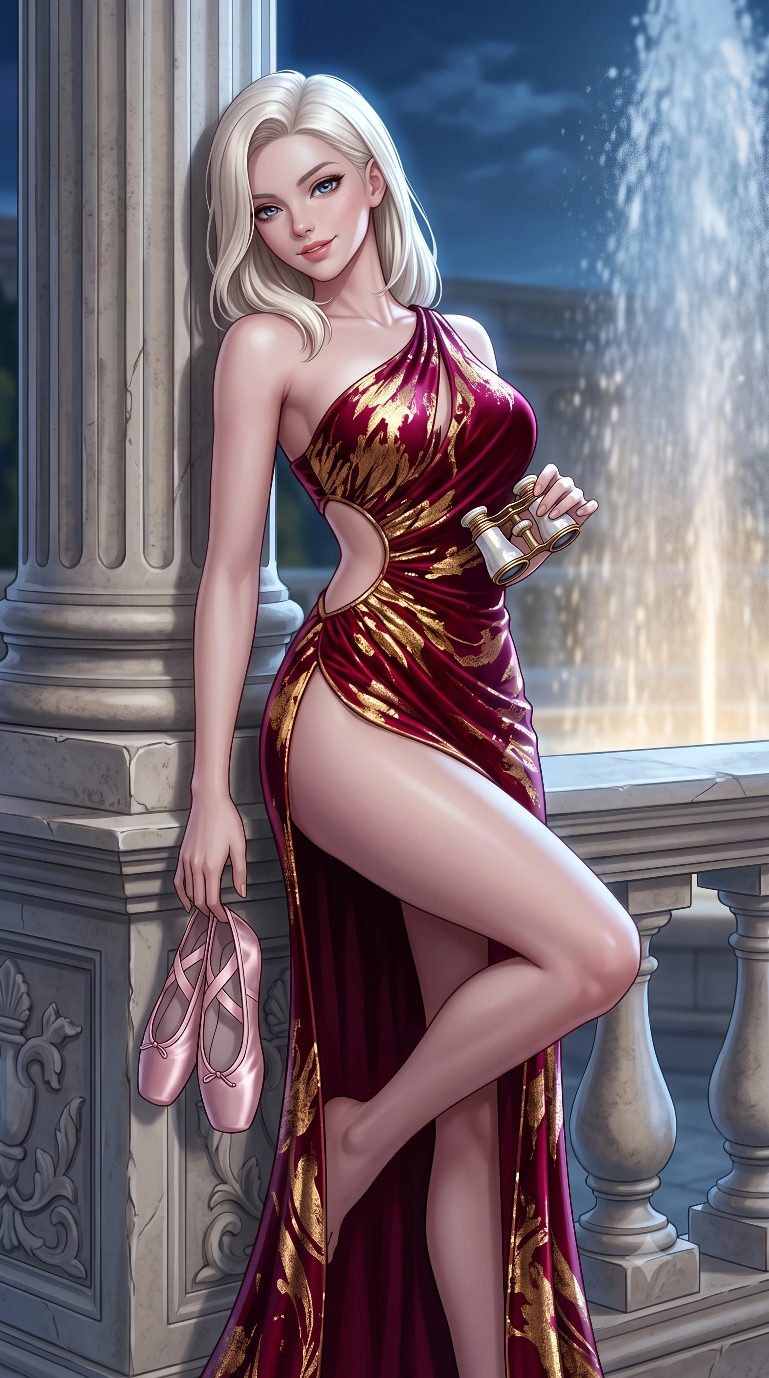 score_9, masterpiece, best quality, ultra-detailed, high-budget anime keyframe, semi-realistic 3D game render, editorial fashion photography, tasteful artistic composition, Caucasian woman. close-up cowboy shot from the waist and thighs up, the character dominates the composition, filling the frame with her large presence. tilting her head with a teasing half-smile, running one hand slowly down the side of her hip in a flirtatious S-curve as ambient light caresses her silhouette while lounging on the stone balustrade with one knee bent, holding her satin ballet shoes with an enchanting, parted-lip smile. The surrounding environment is rendered in vivid detail and crisp panoramic clarity: sharp fluted limestone column texture, stone balustrade relief, and fountain water spray mist clarity in deep focus. She has an exceptionally elegant, slender, and willowy female figure with an ultra-slim waist, flat toned midriff, narrow ribcage, and sculpted feminine hips creating an alluring, slim hourglass silhouette without bulk. sharp v-shaped jawline, high-bridge nose, sparkling eyes with hypnotic seductive depth, thick curled eyelashes, glossy parted lips with a natural dewy peach sheen, alluring bedroom-eyes with an enchanting coquettish smile, exuding magnetic siren charisma and sophisticated glamour, flawlessly proportioned anatomical accuracy, strict slender model proportions, natural body alignment, perfectly sculpted long slender limbs, ultra-slim waistline, clean dynamic posture without body distortion. wearing an asymmetric one-shoulder liquid jersey dancer gown with dramatic hip-high slit and waist cutout in royal opera house crimson velvet and shimmering gold leaf, woven from stretch metallic lurex jersey casting radiant starlight glints across her silhouette, accented with an antique mother-of-pearl opera glass held casually in one hand, the glove-like clinging cut tightly following the natural contour of her hips and long slender legs with youthful 8.5-heads elegance. bathed in cool celestial moonlight streaming across the palace plaza paired with warm fountain spotlight fill. highly saturated vibrant anime colors, detailed shading with soft gradients, rich glossy textures, high-contrast stereoscopic depth, volumetric dynamic lighting, master piece, 9:16 ratio