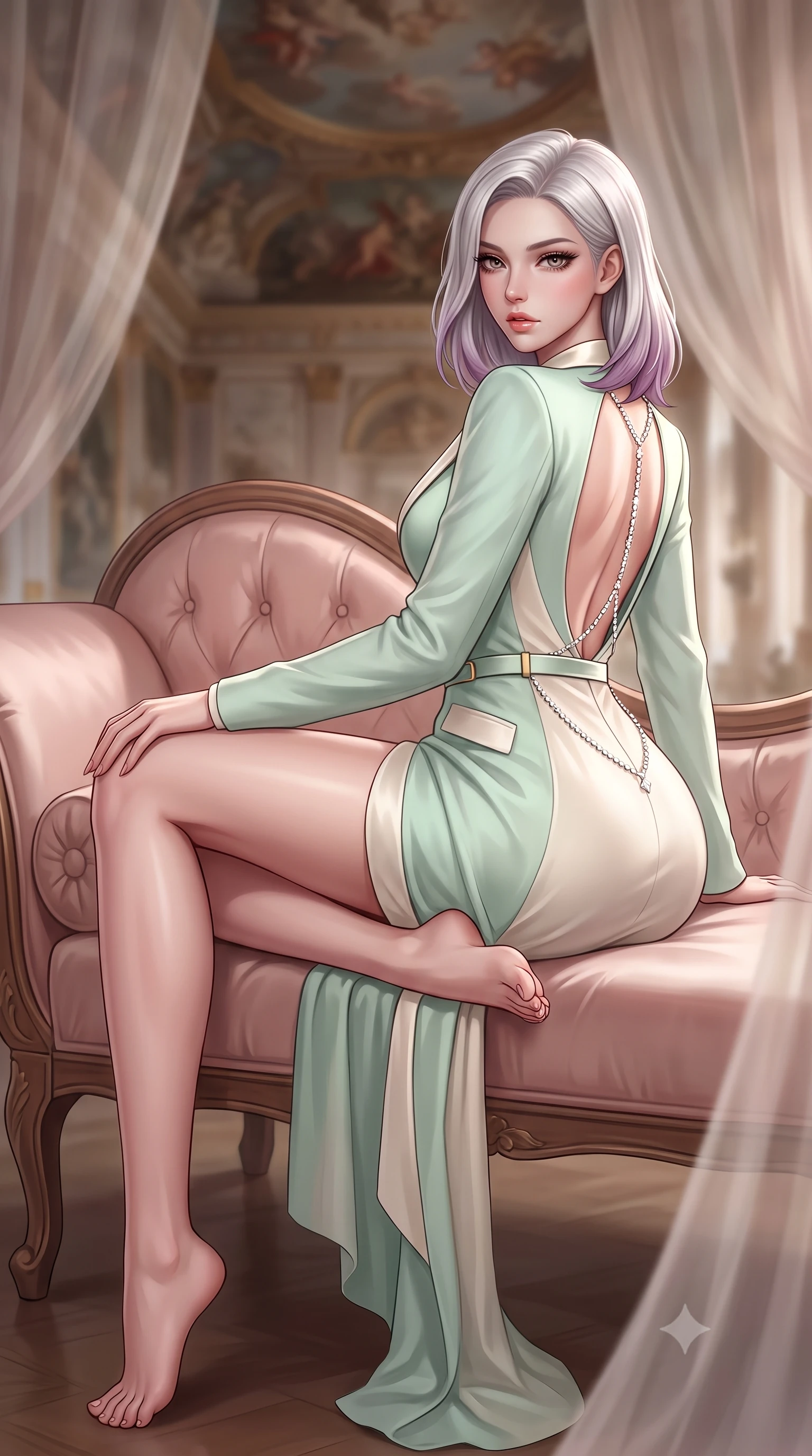 score_9, masterpiece, best quality, ultra-detailed, high-budget anime keyframe, semi-realistic 3D game render, editorial fashion photography, tasteful artistic composition, Caucasian woman. low angle full-body shot from head to toe showing her feet, filling the entire 9:16 vertical frame with her statuesque presence, stretching her vertical silhouette. reclining on her side in an elegant Cleopatra pose with one knee drawn up, the dramatic contour of her rounded hips and long slender legs commanding the 9:16 vertical frame while reclining on an antique blush silk chaise lounge with one knee drawn up, the dramatic contour of her rounded hips commanding the frame. The composition keeps background elements in soft focus with creamy bokeh. antique oil ceiling frescoes and sheer silk drapes softened in luxurious shallow depth of field. She has an absolutely perfect, statuesque 8.5-heads proportion, an exceptionally tall and slender model-like female figure with impossibly long slender legs, a toned flat midriff, an ultra-slim waist, and beautifully sculpted feminine hips. sharp v-shaped jawline, high-bridge nose, intricate jewel-like eyes with depth, thick eyelashes, glossy parted lips with a natural sheen, intensely captivating and seductive bedroom-eyes expression, flawlessly proportioned anatomical accuracy, strict slender model proportions, natural body alignment, perfectly sculpted long slender limbs, ultra-slim waistline, clean dynamic posture without body distortion. wearing a tailored pastel tuxedo jacket dress with silk satin lapels and a slim gold-buckle belt in delicate mint green and antique ivory, woven from layered gossamer chiffon with a weightless sweeping drape, accented with a glittering diamond back chain tracing her bare spine down to her hips, the dramatically scooped open back descending to the base of her spine, accentuating her razor-sharp statuesque lines and curvy hourglass silhouette. surrounded by an aristocratic, scandalous, and breathlessly mesmerizing imperial duchess aura. highly saturated vibrant anime colors, detailed shading with soft gradients, rich glossy textures, high-contrast stereoscopic depth, volumetric dynamic lighting, master piece, 9:16 ratio