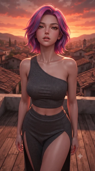 score_9, masterpiece, best quality, ultra-detailed, high-budget anime keyframe, editorial fashion photography, tasteful artistic composition, Caucasian woman woman. close-up cowboy shot from the waist and thighs up, the character dominates the compos