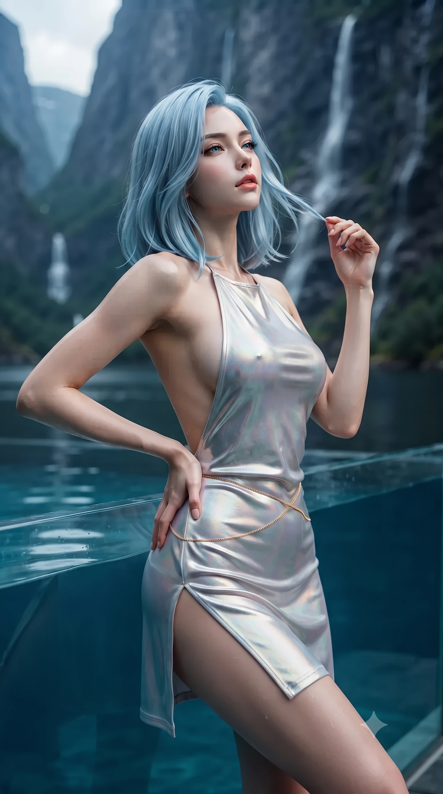 score_9, masterpiece, best quality, ultra-detailed, high-budget anime keyframe, editorial fashion photography, tasteful artistic composition, Korean woman. close-up cowboy shot from the waist and thighs up, the character dominates the composition, filling the frame with her large presence. twisting her slender torso in an alluring contrapposto stance, one hand resting on her sculpted hip while her fingers toy with her hair with effortless poise while leaning against the acrylic infinity pool rim with hips cocked back, looking up at sheer 1,000-meter vertical granite cliffs and tumbling waterfalls with heavy-lidded bedroom-eyes. The background shows a soft-focus colossal vertical dark granite walls of Trollfjord towering into the sky, cascading silver waterfalls, and deep ink-blue water blurred into slate, emerald, and silver bokeh. She has an exceptionally elegant, slender, and willowy female figure with an ultra-slim waist, flat toned midriff, narrow ribcage, and sculpted feminine hips creating an alluring, slim hourglass silhouette without bulk. sharp v-shaped jawline, high-bridge nose, intricate jewel-like sparkling eyes with depth, thick eyelashes, glossy parted lips with a natural peach sheen, bright cheerful beaming smile with an enchanting and coquettish sensual glint, exuding both youthful cute charm and seductive allure, flawlessly proportioned anatomical accuracy, strict slender model proportions, natural body alignment, perfectly sculpted long slender limbs, ultra-slim waistline, clean dynamic posture without body distortion. wearing a provocative backless halterneck silk lamé mini dress with deep scoop back down to her lower spine and thigh-high slit in iridescent mother-of-pearl and liquid molten silver, tailored from ultra-plush silk velvet with rich tactile depth and deep shadow gradients, accented with a dainty gold belly chain resting across her flat midriff and curving hips, the liquid-tight tailored fabric clinging flawlessly to her narrow waist and rounded feminine hips, emphasizing every millimeter of her sculpted slim hourglass curves without any bulky heaviness. illuminated by pool water specular bounce and sharp platinum-cyan rim lights defining her dewy collarbones, ultra-slim waist, and curvy hips. ultra-reflective glossy finish, specular highlights, rich textural contrasts, high-contrast stereoscopic depth, volumetric dynamic lighting, 2k, ultra detail, master piece, 9:16 ratio