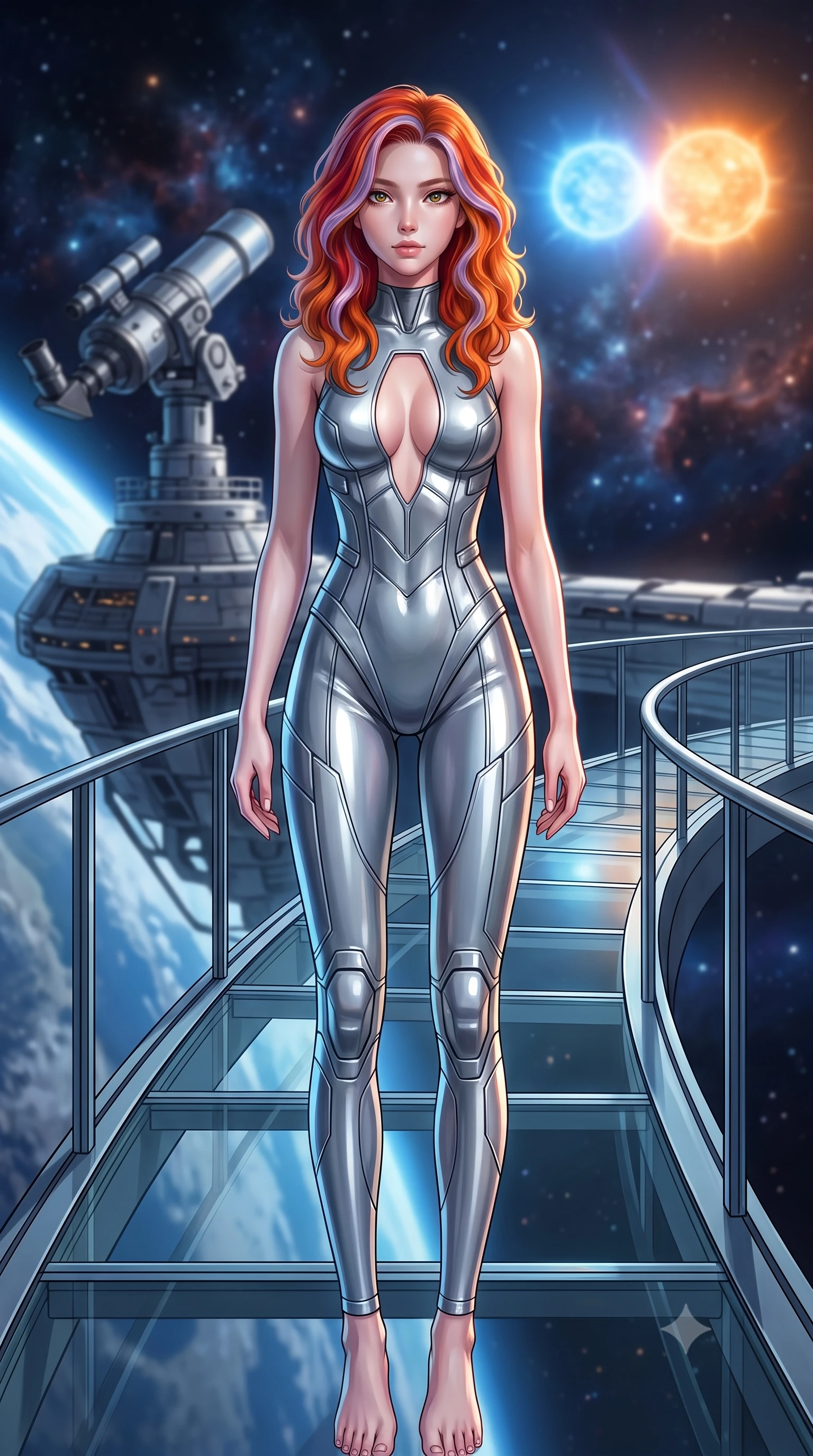 score_9, masterpiece, best quality, ultra-detailed, high-budget anime keyframe, editorial fashion photography, tasteful artistic composition, Caucasian woman. low angle full-body shot from head to toe showing her feet, filling the entire 9:16 vertical frame with her statuesque presence, stretching her vertical silhouette. walking slowly along a glass skybridge, looking back over her shoulder with an air of effortless grace, the background shows a soft-focus a telescope deck on a space station facing a bright binary star system. She has an absolutely perfect, statuesque 8.5-heads proportion, an exceptionally tall and slender model-like female figure with impossibly long slender legs and an ultra-slim waist. sharp v-shaped jawline, high-bridge nose, intricate jewel-like eyes with depth, thick eyelashes, glossy lips with a natural sheen. wearing a slim-fit backless combat bodysuit in metallic silver, featuring a plunging keyhole cutout and low-cut back. cool blue moonlight wrapping her statuesque posture in a quiet, solemn mood. highly saturated vibrant anime colors, detailed shading with soft gradients, rich glossy textures, high-contrast stereoscopic depth, volumetric dynamic lighting, master piece, 9:16 ratio