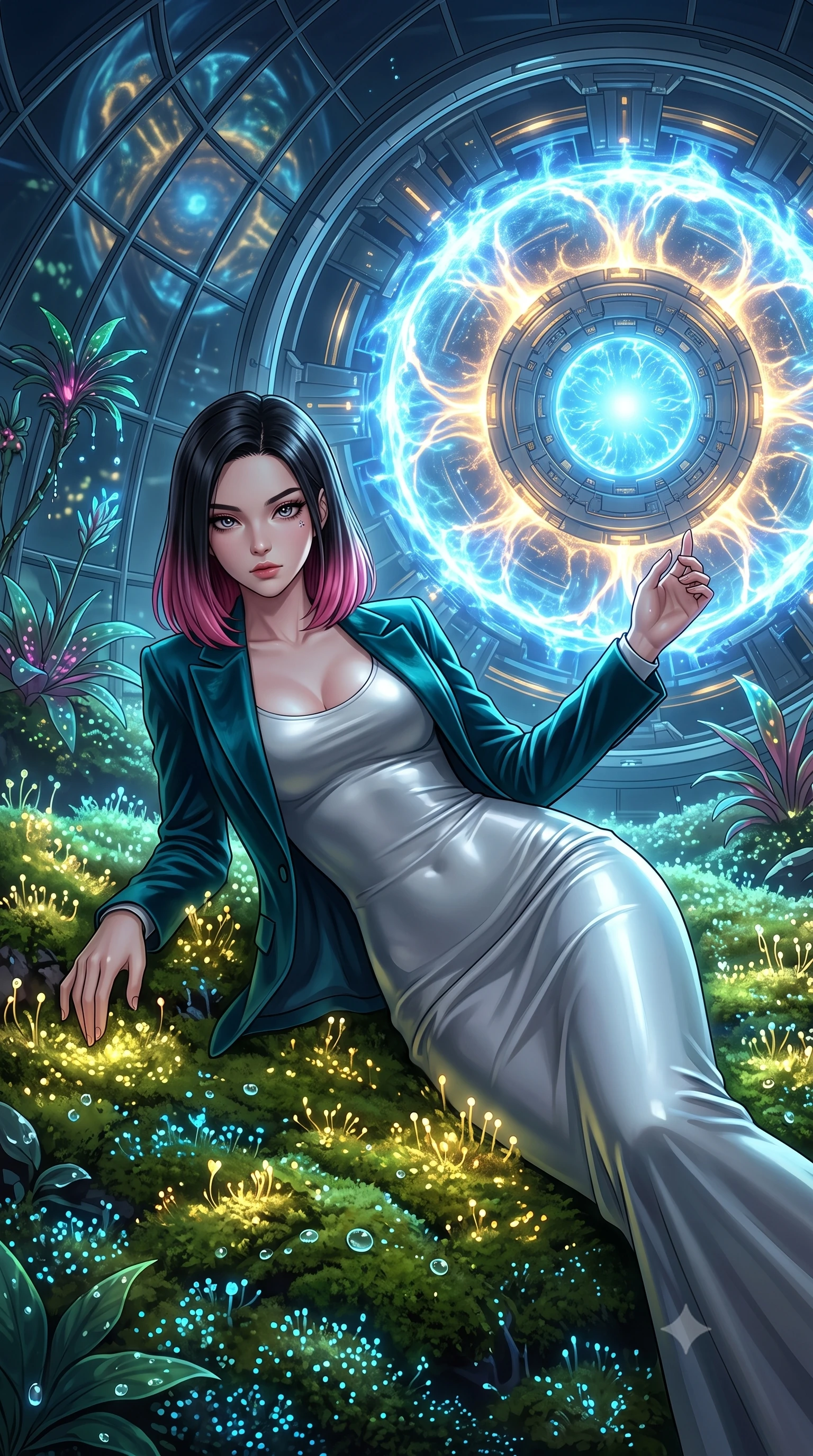 score_9, masterpiece, best quality, ultra-detailed, High-budget Anime Keyframe, East Asian woman. Low angle cowboy shot filling the entire 9:16 frame with her statuesque presence. Scenario 464: lying gracefully on a bed of bioluminescent moss inside a secret bio-dome containing a giant glowing fusion reactor. Her presence is magnetic and overpowering in this high-budget anime scene. Outfit 464: a slim-fit liquid silver bodycon knit gown layered under a structured velvet blazer. The clothing is designed to emphasize her exceptionally tall and slender 8-heads proportion. 8-heads proportion, towering silhouette, ultra-slim waist. sharp v-shaped jawline, intricate jewel-like eyes with depth, thick eyelashes, glossy lips. 2k, ultra detail, master piece, 9:16 ratio