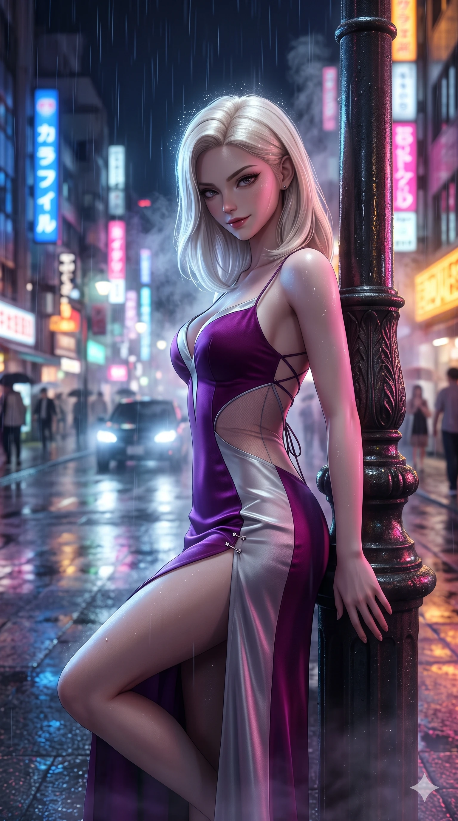 score_9, masterpiece, best quality, ultra-detailed, high-budget anime keyframe, semi-realistic 3D game render, editorial fashion photography, tasteful artistic composition, Caucasian woman. close-up cowboy shot from the waist and thighs up, the character dominates the composition, filling the frame with her large presence. leaning against a historic cast-iron lamppost with one knee bent, night mist drifting through her hair as her dark outfit traces her feminine curves while stepping forward into the rain-streaked neon light, head tilted slightly as her smoldering gaze captivates the lens. The background shows a soft-focus bustling rainy Tokyo night streetscape softened in metropolitan shallow focus. She has an exceptionally elegant, slender, and willowy female figure with an ultra-slim waist, flat toned midriff, narrow ribcage, and sculpted feminine hips creating an alluring, slim hourglass silhouette without bulk. sharp v-shaped jawline, high-bridge nose, intricate jewel-like dark sparkling eyes with dangerous depth, thick curled eyelashes, glossy parted lips with a rich wine sheen, smoldering seductive half-smile with bedroom-eyes, exuding effortless superiority and intoxicating dark allure, flawlessly proportioned anatomical accuracy, strict slender model proportions, natural body alignment, perfectly sculpted long slender limbs, ultra-slim waistline, clean dynamic posture without body distortion. wearing an alluring plunging sweetheart bodice dress with sheer mesh side-waist cutouts contouring her ribs in royal amaranth purple and liquid platinum, featuring fine criss-cross satin back lacing tracing her slender spine, finished with an ultra-high side slit secured by miniature jeweled clasps, the impeccably tailored cut draping gracefully along her slender figure with aristocratic noir poise. bathed in multi-colored cybernetic neon floods shifting between cobalt blue, hot pink, and radiant amber. highly saturated vibrant anime colors, detailed shading with soft gradients, rich glossy textures, high-contrast stereoscopic depth, volumetric dynamic lighting, master piece, 9:16 ratio