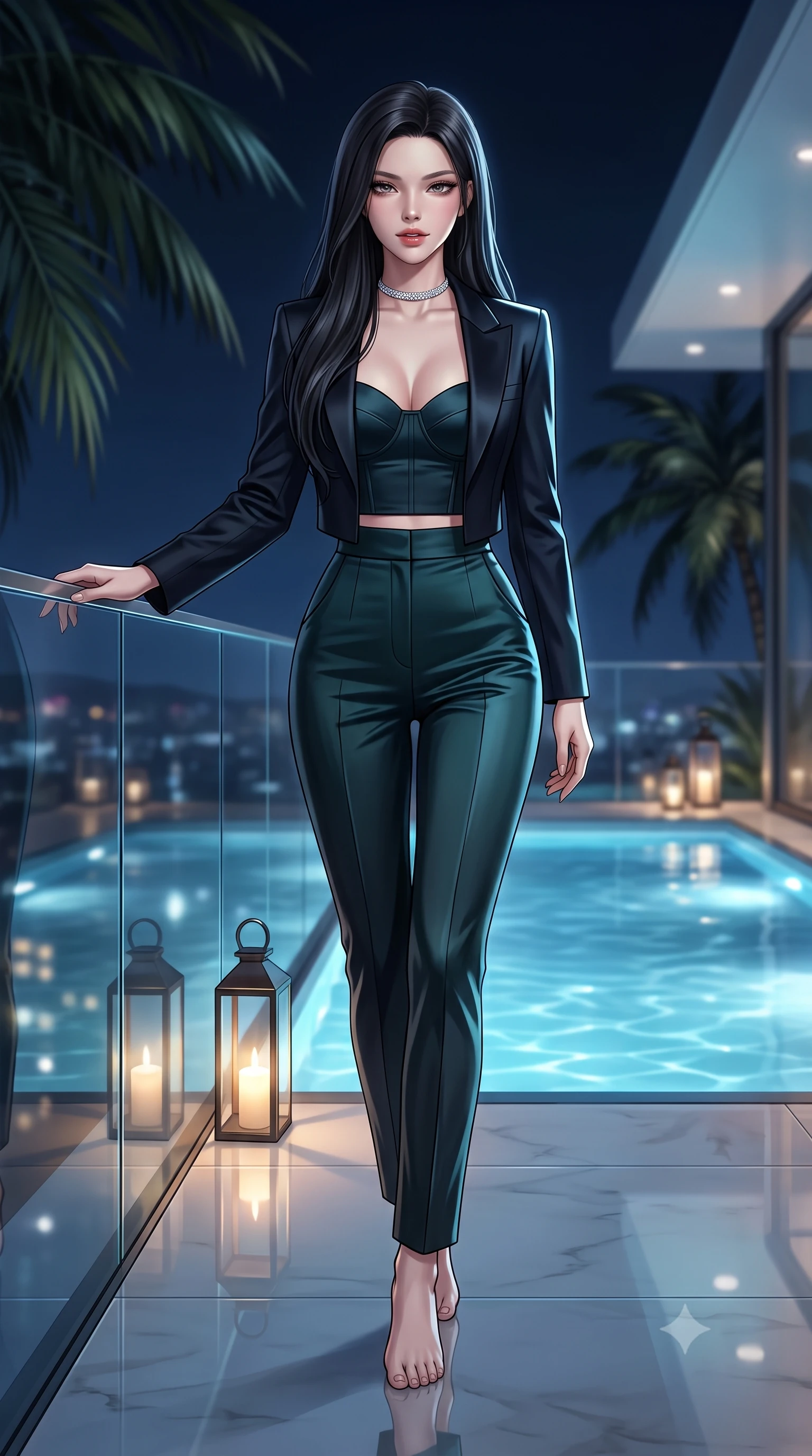 score_9, masterpiece, best quality, ultra-detailed, high-budget anime keyframe, semi-realistic 3D game render, editorial fashion photography, tasteful artistic composition, Korean woman. low angle full-body shot from head to toe showing her feet, filling the entire 9:16 vertical frame with her statuesque presence, stretching her vertical silhouette. striding forward gracefully across the reflective floor with sovereign supermodel poise, hips swaying in an alluring kinetic rhythm that accentuates her curvy hourglass silhouette and long slender legs while leaning against the minimalist infinity glass edge propped on one hand, flashing a smoldering, playful half-smile with parted glossy lips. The composition keeps background elements in soft focus with dreamy creamy bokeh. swaying midnight palm fronds and glowing glass deck lanterns softened in tropical high-altitude shallow focus. She has an exceptionally tall and slender model-like 8.5-heads proportion, an ultra-slim waist, a flat toned midriff, narrow delicate ribcage, and beautifully sculpted feminine hips creating a graceful, slim hourglass silhouette without any bulky heaviness, with impossibly long slender legs. sharp v-shaped jawline, high-bridge nose, intricate jewel-like dark sparkling eyes with dangerous depth, thick curled eyelashes, glossy parted lips with a rich wine sheen, smoldering seductive half-smile with bedroom-eyes, exuding effortless superiority and intoxicating dark allure, flawlessly proportioned anatomical accuracy, strict slender model proportions, natural body alignment, perfectly sculpted long slender limbs, ultra-slim waistline, clean dynamic posture without body distortion. wearing a tailored cropped midnight-black tuxedo blazer worn over a structured bustier top and high-waisted cigarette trousers in deep forest teal and dark gunmetal, crafted from heavy fluid silk satin with a liquid mirror-like drape, finished with a delicate diamond choker catching the chandelier light, the high-waisted tailoring accentuating her ultra-slim waistline and the enchanting curve of her feminine hips with alluring dark charm. illuminated by underwater pool LED downlights and crisp silver rim lighting sharply sculpting her razor-sharp jawline, narrow waist, and curvy hips. highly saturated vibrant anime colors, detailed shading with soft gradients, rich glossy textures, high-contrast stereoscopic depth, volumetric dynamic lighting, master piece, 9:16 ratio