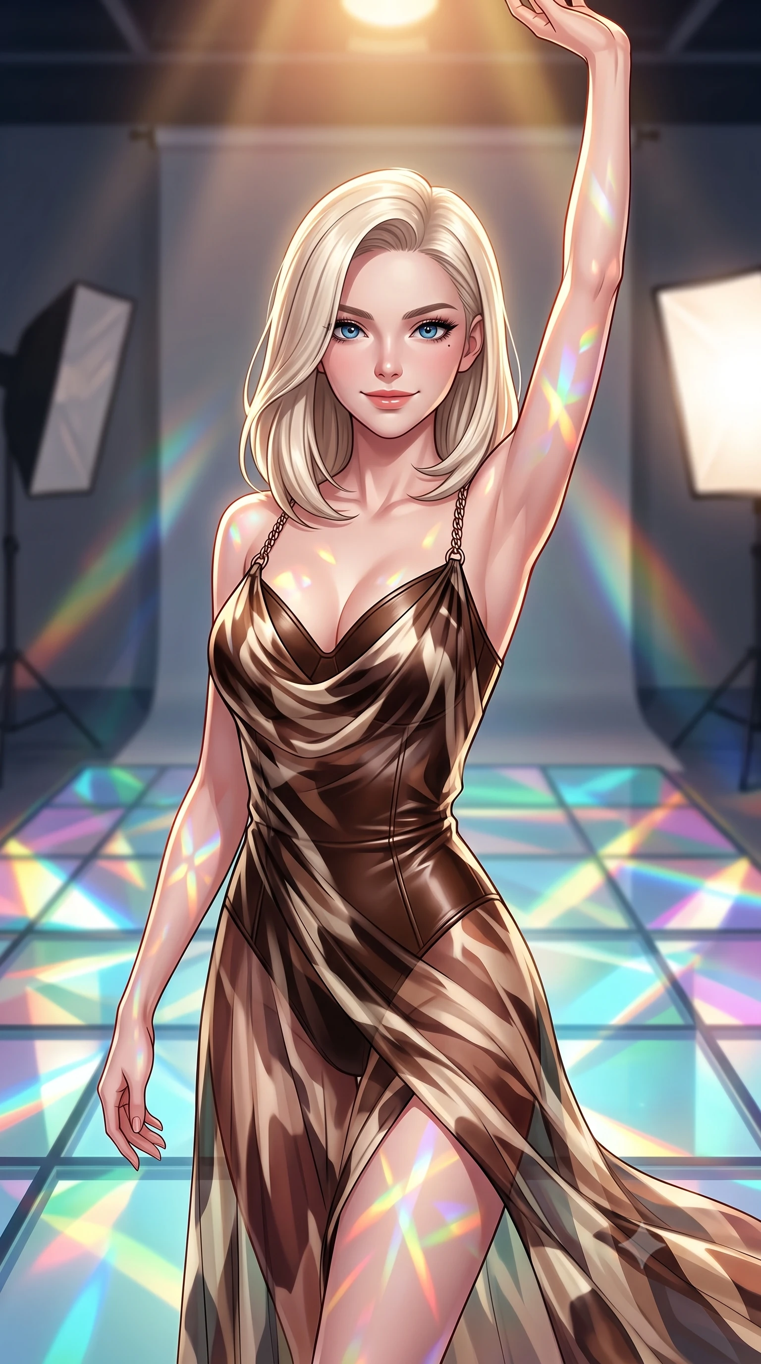 score_9, masterpiece, best quality, ultra-detailed, high-budget anime keyframe, editorial fashion photography, tasteful artistic composition, Caucasian woman. close-up cowboy shot from the waist and thighs up, the character dominates the composition, filling the frame with her large presence, background elements kept in soft focus. Extending one arm in an elegant stretch toward the light while smiling with magnetic self-assurance while pivoting gracefully on a glass floor drenched in vibrant multi-color light reflections, a kaleidoscope of refractions forming geometric light patterns on her skin. She has an exceptionally elegant, slender, and willowy female figure with an ultra-slim waist, a gracefully sculpted slender torso, and a refined silhouette. sharp v-shaped jawline, high-bridge nose, intricate jewel-like eyes with depth, thick eyelashes, glossy lips with a natural sheen, flawlessly proportioned anatomical accuracy, natural body alignment, perfectly sculpted elegant limbs, clean dynamic posture without body distortion. wearing a semi-opaque sheer overlay dress over a leather micro-bodysuit in espresso brown and warm cream, crafted from smooth liquid silk, adorned with delicate metallic chain straps along the neckline, the elegant draped fit framing her graceful clavicle and slender torso. illuminated by high-contrast studio spotlights with sharp specular highlights. highly saturated vibrant anime colors, detailed shading with soft gradients, rich glossy textures, high-contrast stereoscopic depth, volumetric dynamic lighting, master piece, 9:16 ratio