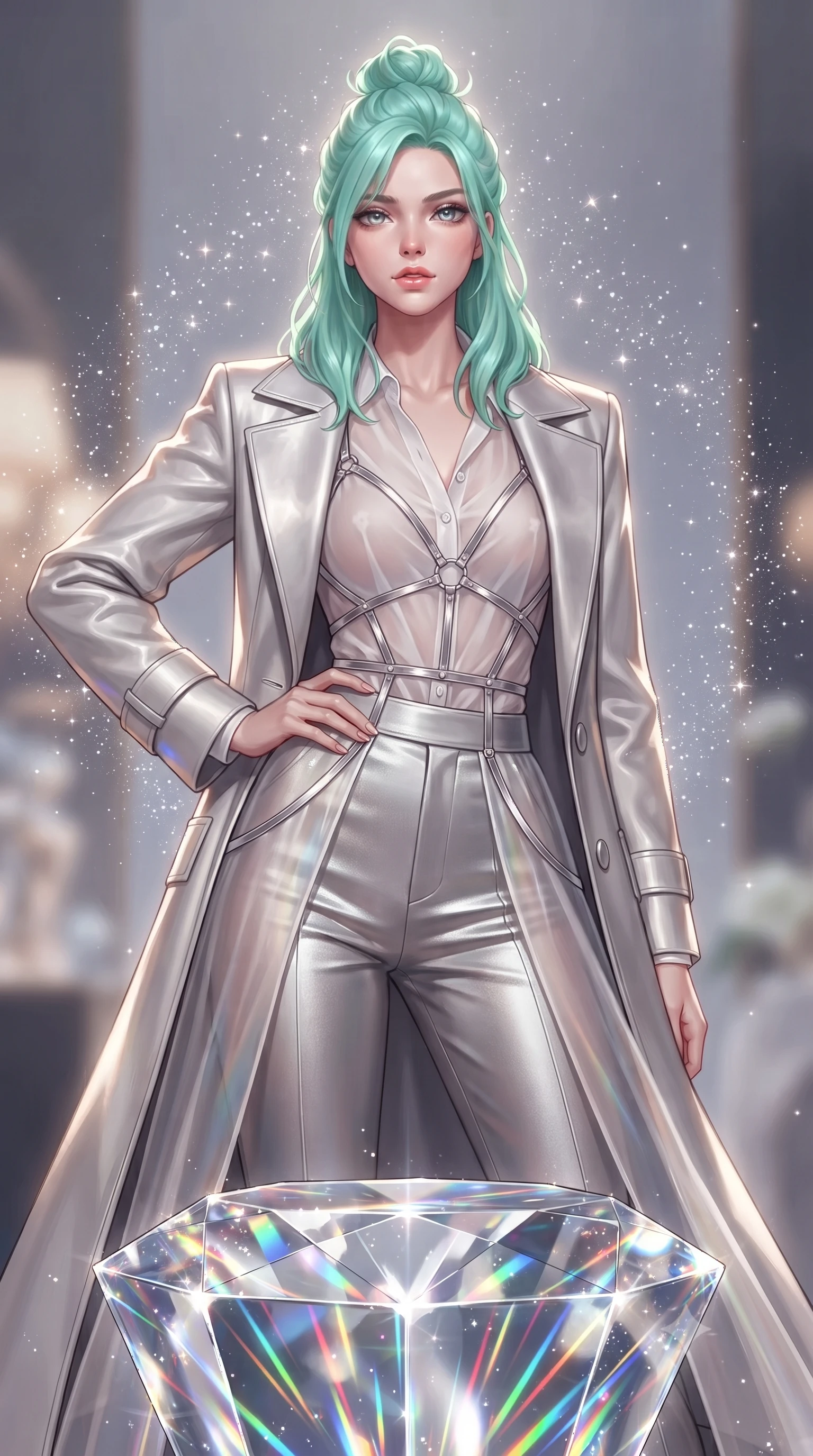 score_9, masterpiece, best quality, ultra-detailed, high-budget anime keyframe, editorial fashion photography, tasteful artistic composition, Japanese woman. close-up cowboy shot from the waist and thighs up, the character dominates the composition, filling the frame with her large presence, background elements kept in soft focus. Holding a confident power pose with one hand on her hip, poised on a crystalline pedestal reflecting infinite rainbow light trails, fine diamond dust particles glittering like suspended stars. She has an exceptionally elegant, slender, and willowy female figure with an ultra-slim waist, a gracefully sculpted slender torso, and a refined silhouette. sharp v-shaped jawline, high-bridge nose, intricate jewel-like eyes with depth, thick eyelashes, glossy lips with a natural sheen. wearing structured platinum leather long coat over white silk blouse and tailored slacks in metallic silver, made of sheer opal chiffon overlay, highlighted by a platinum metallic harness structure, contouring every curve with an exceptionally elegant silhouette. surrounded by a sparkling diamond dust rim light aura. highly saturated vibrant anime colors, detailed shading with soft gradients, rich glossy textures, high-contrast stereoscopic depth, volumetric dynamic lighting, master piece, 9:16 ratio