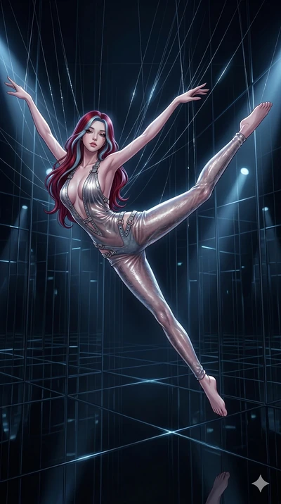score_9, masterpiece, best quality, ultra-detailed, High-budget Anime Keyframe, East Asian woman. Dynamic full-body shot stretching the vertical silhouette to the limit. Scenario 176: Suspended by invisible silk threads in a hall of mirrors. Her pres