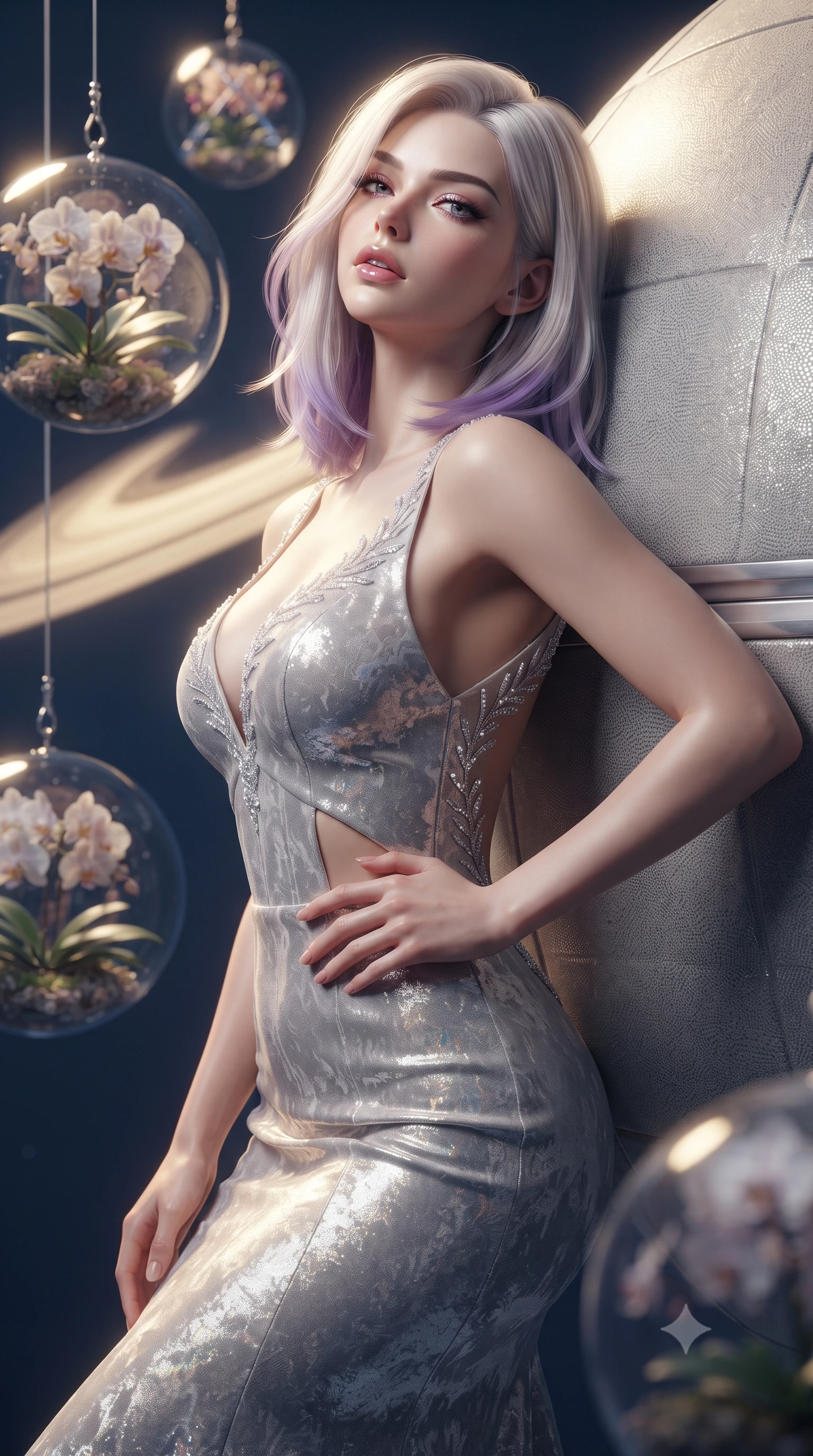 score_9, masterpiece, best quality, ultra-detailed, high-budget anime keyframe, editorial fashion photography, tasteful artistic composition, Caucasian woman. close-up cowboy shot from the waist and thighs up, the character dominates the composition, filling the frame with her large presence. tilting her chin up with proud, sovereign allure while gazing through thick eyelashes, one hand resting on her waist in pure supermodel charisma while leaning back against the observation dome bulkhead with hips cocked, casting an alluring, sovereign bedroom-gaze past floating zero-G orchid spheres. The composition keeps background elements in soft focus with creamy bokeh. suspended zero-gravity botanical spheres and titanium truss frames softened in glamorous sci-fi shallow focus. She has an exceptionally elegant, slender, and willowy female figure with an ultra-slim waist, flat toned midriff, narrow ribcage, and sculpted feminine hips creating an alluring, slim hourglass silhouette without bulk. sharp v-shaped jawline, high-bridge nose, intricate jewel-like eyes with depth, thick eyelashes, glossy parted lips with a natural sheen, intensely captivating and seductive bedroom-eyes expression, flawlessly proportioned anatomical accuracy, strict slender model proportions, natural body alignment, perfectly sculpted long slender limbs, ultra-slim waistline, clean dynamic posture without body distortion. wearing a deep sweetheart neckline crushed velvet corseted ballgown with an exposed midriff cutout in shimmering silver mercury and pearl white, crafted from luxurious metallic lamé that shifts radiance with every step, finished with delicate crystal frost embroidery tracing the plunging neckline, the dramatically scooped open back descending to the base of her spine, accentuating her razor-sharp statuesque lines and slim hourglass silhouette. bathed in ethereal golden ring-shine from Saturn's rings contrasting with deep space blue ambient fill. ultra-reflective glossy finish, specular highlights, rich textural contrasts, high-contrast stereoscopic depth, volumetric dynamic lighting, 2k, ultra detail, master piece, 9:16 ratio