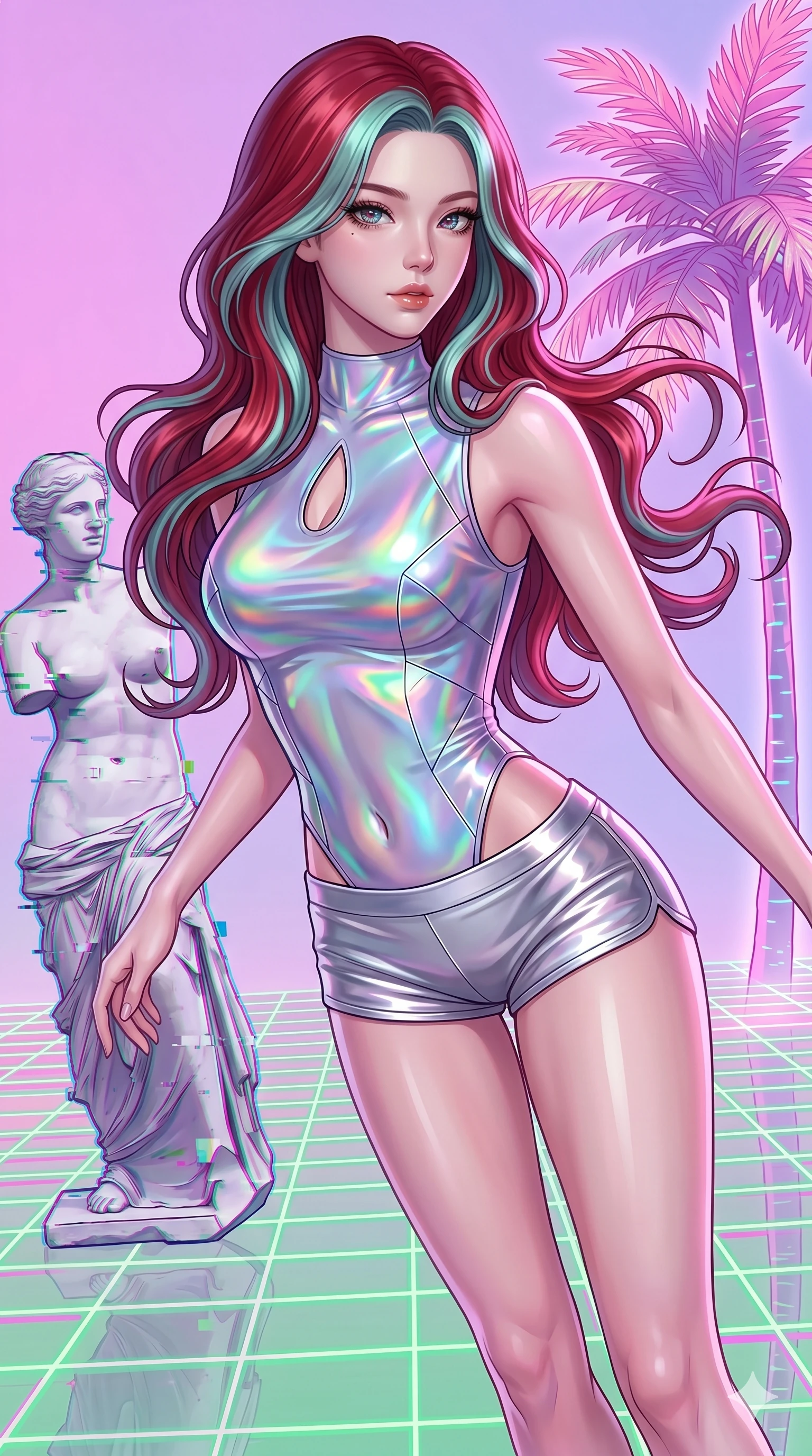 score_9, masterpiece, best quality, ultra-detailed, high-budget anime keyframe, Korean woman. upper body close-up from the thighs up, character filling the screen for maximum presence. drifting through a holographic vaporwave oasis with floating grid floors, lo-fi marble statues, and glowing pink palms. She has an absolutely perfect 8-heads proportion, an exceptionally tall and slender female figure with impossibly long slender legs and an ultra-slim waist. V-shaped jawline, high-bridge nose, intricate jewel-like eyes with depth, thick eyelashes, glossy lips with a natural sheen.. wearing a holographic liquid silk vest and silver metallic micro-shorts, featuring a keyhole cutout and form-fitting silhouette. lit by a soft glowing ambient light and a sharp side key light that traces the sleek contours of her athletic build. 2k, ultra detail, master piece, 9:16 ratio
