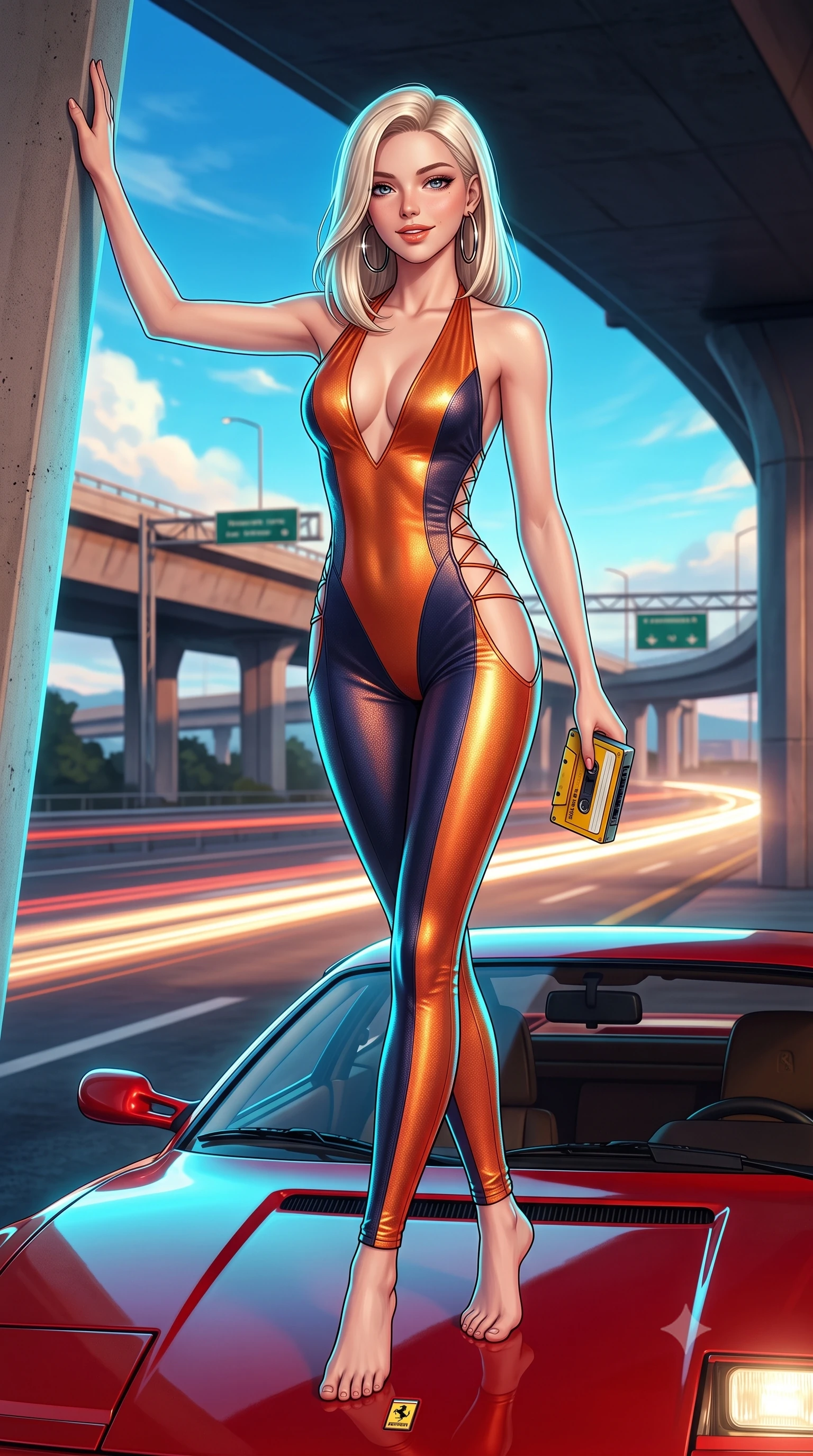 score_9, masterpiece, best quality, ultra-detailed, high-budget anime keyframe, semi-realistic 3D game render, editorial fashion photography, tasteful artistic composition, Caucasian woman. low angle full-body shot from head to toe showing her feet, filling the entire 9:16 vertical frame with her statuesque presence, stretching her vertical silhouette. standing tall beside the architectural column, one hand resting high while arching her lower back to emphasize her sculpted feminine hips and slender waist while perched casually on the hood of the classic sports car with legs crossed, holding a cassette player while flashing a confident, teasing smile. The surrounding environment is rendered in vivid detail and crisp panoramic clarity: detailed leatherette/lamé fabric weave, metallic hoop earring shine, and late-80s highway infrastructure in razor-sharp precision. She has an absolutely perfect, statuesque 8.5-heads proportion, an exceptionally tall and slender model-like female figure with impossibly long slender legs, an ultra-slim waist, a flat toned midriff, narrow delicate ribcage, and beautifully sculpted feminine hips creating a graceful, slim hourglass silhouette without any bulky heaviness. sharp v-shaped jawline, high-bridge nose, sparkling eyes with hypnotic seductive depth, thick curled eyelashes, glossy parted lips with a natural dewy peach sheen, alluring bedroom-eyes with an enchanting coquettish smile, exuding magnetic siren charisma and sophisticated glamour, flawlessly proportioned anatomical accuracy, strict slender model proportions, natural body alignment, perfectly sculpted long slender limbs, ultra-slim waistline, clean dynamic posture without body distortion. wearing a liquid metallic lamé plunge halterneck jumpsuit clinging like a second skin with high-cut side hip cutouts in sunset tangerine orange and deep navy indigo, made of semi-opaque stretch illusion mesh with soft shadowy contours, featuring fine criss-cross lace-up side ties revealing tantalizing glimpses of her hip curve, the liquid-tight tailored fabric clinging flawlessly to her narrow waist and rounded feminine hips, emphasizing every millimeter of her sculpted slim hourglass curves without any bulky heaviness. illuminated by passing car headlight streaks and sharp electric-cyan rim lights defining her razor-sharp jawline, narrow waist, and curvy hips. highly saturated vibrant anime colors, detailed shading with soft gradients, rich glossy textures, high-contrast stereoscopic depth, volumetric dynamic lighting, master piece, 9:16 ratio