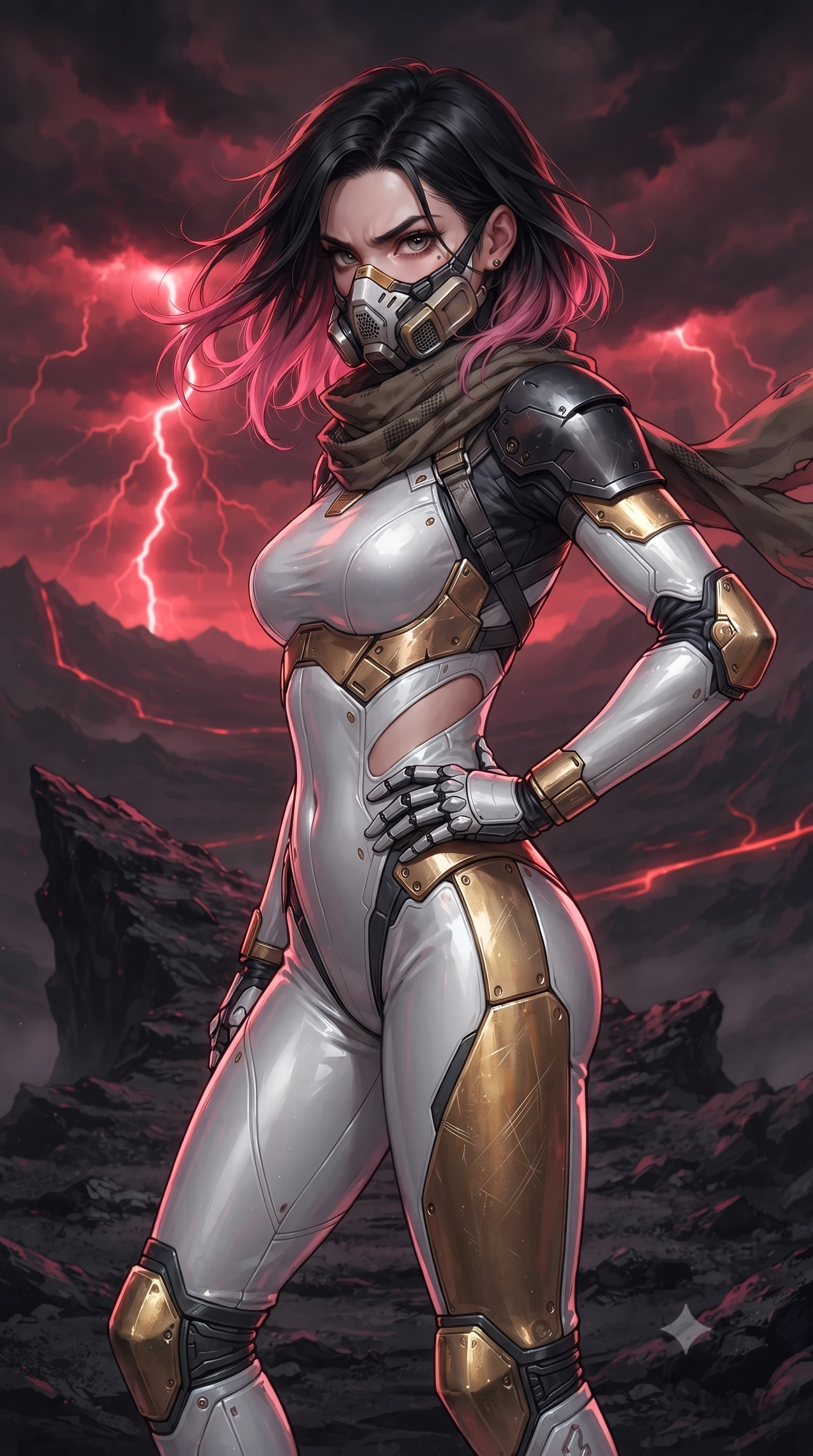 score_9, masterpiece, best quality, ultra-detailed, high-budget anime keyframe, editorial fashion photography, tasteful artistic composition, Korean woman. close-up cowboy shot from the waist and thighs up, the character dominates the composition, filling the frame with her large presence. resting one armored hand on her hip while glancing over her shoulder with thick eyelashes and an indomitable, smoldering combat gaze while standing tall on a jagged obsidian ridge with wind tearing at her tactical scarf, silhouette dominating the desolate horizon. The surrounding environment is rendered in vivid detail and crisp panoramic clarity. sharp carbon pauldron edge bevels, glowing red conduit lines, and textured ash ground in deep focus. She has an exceptionally elegant, slender, and willowy female figure with an ultra-slim waist, a gracefully sculpted slender torso, toned flat midriff, and a refined slim silhouette. sharp v-shaped jawline, high-bridge nose, intricate jewel-like eyes with depth, thick eyelashes, glossy lips with a natural sheen, fierce and resolute heroine expression, flawlessly proportioned anatomical accuracy, strict slender model proportions, natural body alignment, perfectly sculpted long slender limbs, ultra-slim waistline, clean dynamic posture without body distortion. wearing a sleek titanium half-face combat rebreather guard protecting her lower jaw while leaving her expressive eyes and long hair flowing freely, paired with a form-contouring high-mobility battle-suit featuring sculpted carbon chest plating, diagonal midriff ventilation cutouts, and kinetic knee vambraces in arctic white carbon composite with scratched solar gold armor plating, formed from high-gloss patent carbon-plating with specular dystopian chiaroscuro reflections, complemented by criss-cross back harness straps highlighting her completely bare spine, the glove-like aerodynamic second-skin fit tightly clinging to her ultra-slender waist and athletic curves without adding bulk, accentuating her razor-sharp statuesque lines and slim hourglass silhouette. bathed in eerie crimson lightning storm backlighting and ominous dark ash ambient fill. ultra-reflective glossy finish, specular highlights, dark metallic sheen, high-contrast stereoscopic depth, volumetric dynamic lighting, 2k, ultra detail, master piece, 9:16 ratio