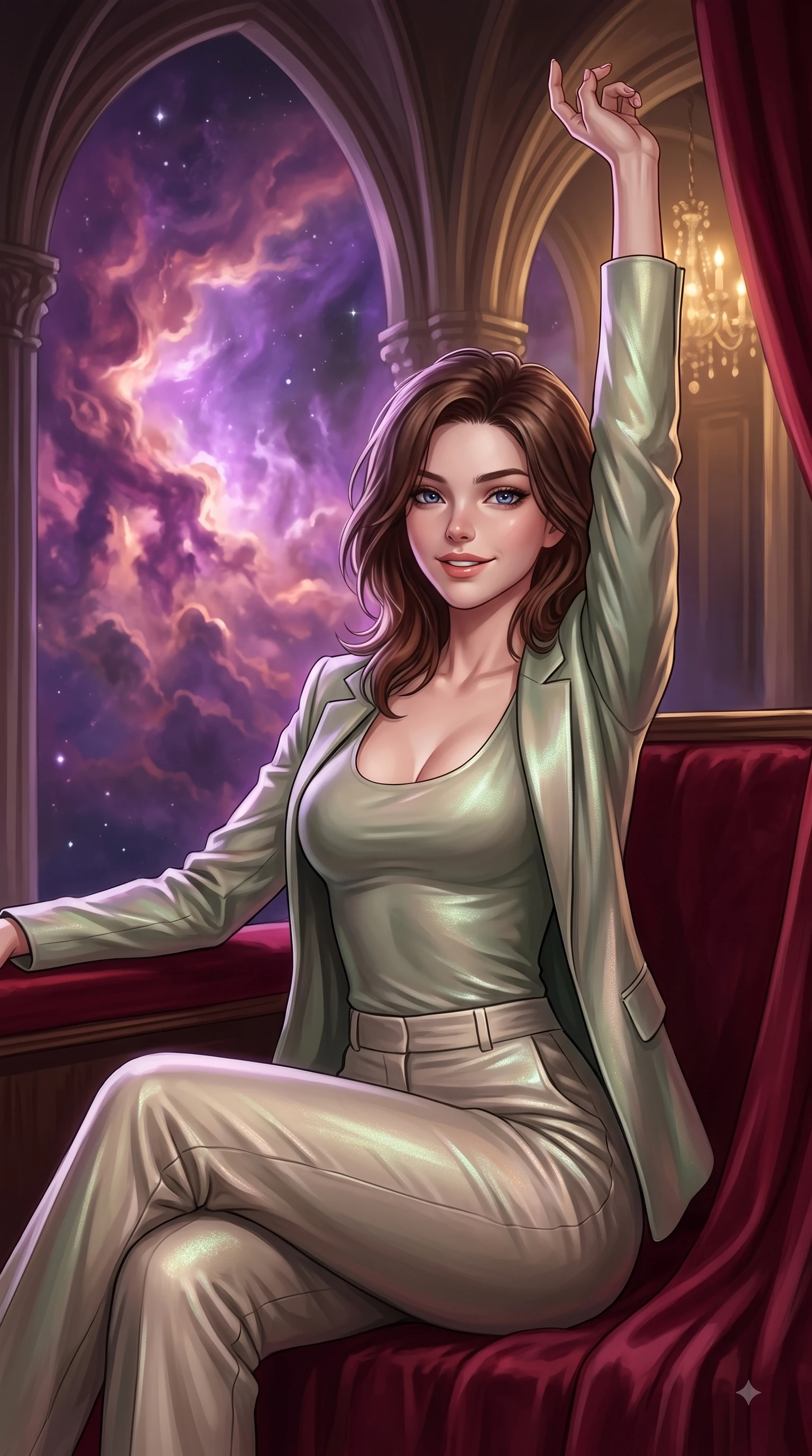 score_9, masterpiece, best quality, ultra-detailed, high-budget anime keyframe, editorial fashion photography, tasteful artistic composition, Korean woman. close-up cowboy shot from the waist and thighs up, the character dominates the composition, filling the frame with her large presence, background elements kept in soft focus. Extending one arm in an elegant stretch toward the light while smiling with magnetic self-assurance while sitting in a private opera box draped in crimson velvet, gazing over a swirling cosmic nebula, vivid purple and rose-gold nebula clouds glowing through monumental cathedral arches. She has an exceptionally elegant, slender, and willowy female figure with an ultra-slim waist, a gracefully sculpted slender torso, and a refined silhouette. sharp v-shaped jawline, high-bridge nose, intricate jewel-like eyes with depth, thick eyelashes, glossy lips with a natural sheen, flawlessly proportioned anatomical accuracy, natural body alignment, perfectly sculpted elegant limbs, clean dynamic posture without body distortion. wearing a tailored silk blazer over a form-contouring scoop-neck top and slacks in sage green and oatmeal, crafted from iridescent chiffon that shifts colors in the light, accented with a Tasteful chest slit framing her clavicle gracefully, the tailored fabric tightly following every curve of her athletic build. illuminated by radiant cosmic nebula light and warm golden chandelier glow. ultra-reflective glossy finish, specular highlights, metallic sheen, high-contrast stereoscopic depth, volumetric dynamic lighting, 2k, ultra detail, master piece, 9:16 ratio