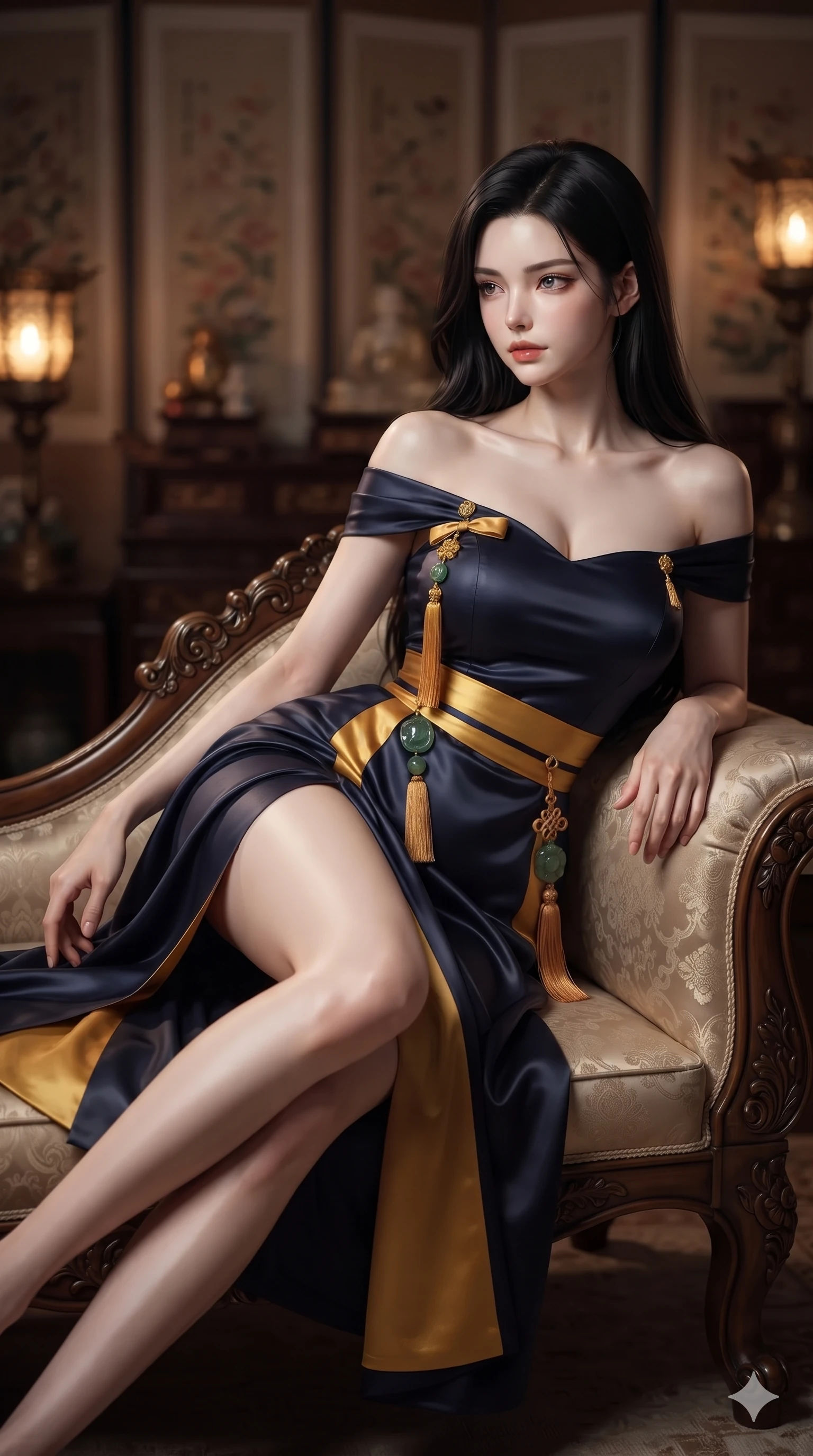 score_9, masterpiece, best quality, ultra-detailed, high-budget anime keyframe, editorial fashion photography, tasteful artistic composition, Korean woman. close-up cowboy shot from the waist and thighs up, the character dominates the composition, filling the frame with her large presence. twisting her slender torso in a deep contrapposto stance, hips dramatically shifted to accentuate her feminine curves while looking past her shoulder with smoldering bedroom-eyes while reclining gracefully on an antique silk chaise lounge with legs extended, propped on one elbow with parted glossy lips. The background shows a soft-focus imperial private palace salon softened in royal chamber shallow focus. She has an exceptionally elegant, slender, and willowy female figure with an ultra-slim waist, flat toned midriff, narrow ribcage, and sculpted feminine hips creating an alluring, slim hourglass silhouette without bulk. sharp v-shaped jawline, high-bridge nose, sparkling eyes with hypnotic seductive depth, thick curled eyelashes, glossy parted lips with a natural dewy peach sheen, alluring bedroom-eyes with an enchanting coquettish smile, exuding magnetic siren charisma and sophisticated glamour, flawlessly proportioned anatomical accuracy, strict slender model proportions, natural body alignment, perfectly sculpted long slender limbs, ultra-slim waistline, clean dynamic posture without body distortion. wearing a form-contouring off-shoulder modern hanbok midi dress with traditional curved neckline and low-back scoop in midnight indigo and glowing lantern topaz, tailored from smooth liquid silk satin with a natural dewy moonlight sheen, finished with authentic carved jade pendants and traditional norigae knots, the bespoke structured tailoring following the natural line of her 8.5-heads silhouette with refined elegance. bathed in soft moody amber chiaroscuro lighting spilling from ornate bronze oil lamps. ultra-reflective glossy finish, specular highlights, rich textural contrasts, high-contrast stereoscopic depth, volumetric dynamic lighting, 2k, ultra detail, master piece, 9:16 ratio