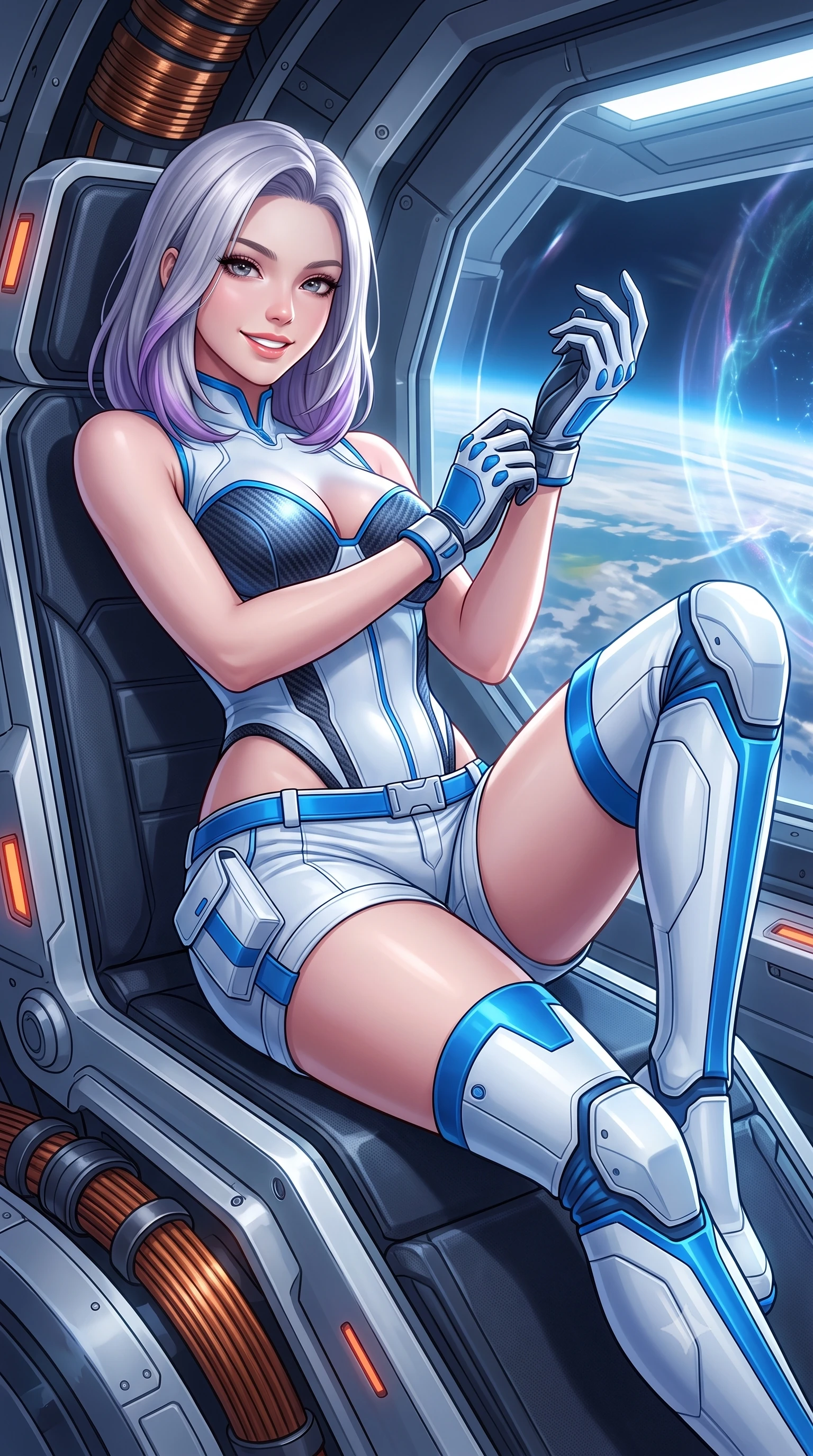 score_9, masterpiece, best quality, ultra-detailed, high-budget anime keyframe, semi-realistic 3D game render, editorial fashion photography, tasteful artistic composition, Caucasian woman. close-up cowboy shot from the waist and thighs up, the character dominates the composition, filling the frame with her large presence. adjusting her tactical glove with cool confidence, her bright smile capturing fresh girlhood charm while her arched torso reveals an intoxicating hip contour while lounging in the operator observation pod propped on one hand, her long slender legs and hourglass curves commanding the warp horizon. The surrounding environment is rendered in vivid detail and crisp panoramic clarity: sharp magnetic coil copper windings, launch platform structural rivets, and energy field distortion clarity in deep focus. She has an exceptionally elegant, slender, and willowy female figure with an ultra-slim waist, flat toned midriff, narrow ribcage, and sculpted feminine hips creating an alluring, slim hourglass silhouette without bulk. sharp v-shaped jawline, high-bridge nose, intricate jewel-like sparkling eyes with depth, thick eyelashes, glossy parted lips with a natural sheen, bright confident smile with an enchanting and coquettish sensual glint, exuding both youthful magnetic charm and sovereign high-tech allure, flawlessly proportioned anatomical accuracy, strict slender model proportions, natural body alignment, perfectly sculpted long slender limbs, ultra-slim waistline, clean dynamic posture without body distortion. wearing a sculpted carbon-fiber bustier armor top paired with ultra-tight tactical cargo shorts and thigh-high armored boots in arctic snowflake white and electric plasma blue, formed from supple thermal silicone composite adhering seamlessly like a second skin, finished with delicate carbon-fiber boning framing the narrow waistline, the high-waisted tailoring accentuating her ultra-slim waistline and the enchanting curve of her feminine hips with alluring dark charm. illuminated by platform safety beacons and sharp platinum rim lights sculpting her razor-sharp jawline, narrow waist, and curvy hips. highly saturated vibrant anime colors, detailed shading with soft gradients, rich glossy textures, high-contrast stereoscopic depth, volumetric dynamic lighting, master piece, 9:16 ratio