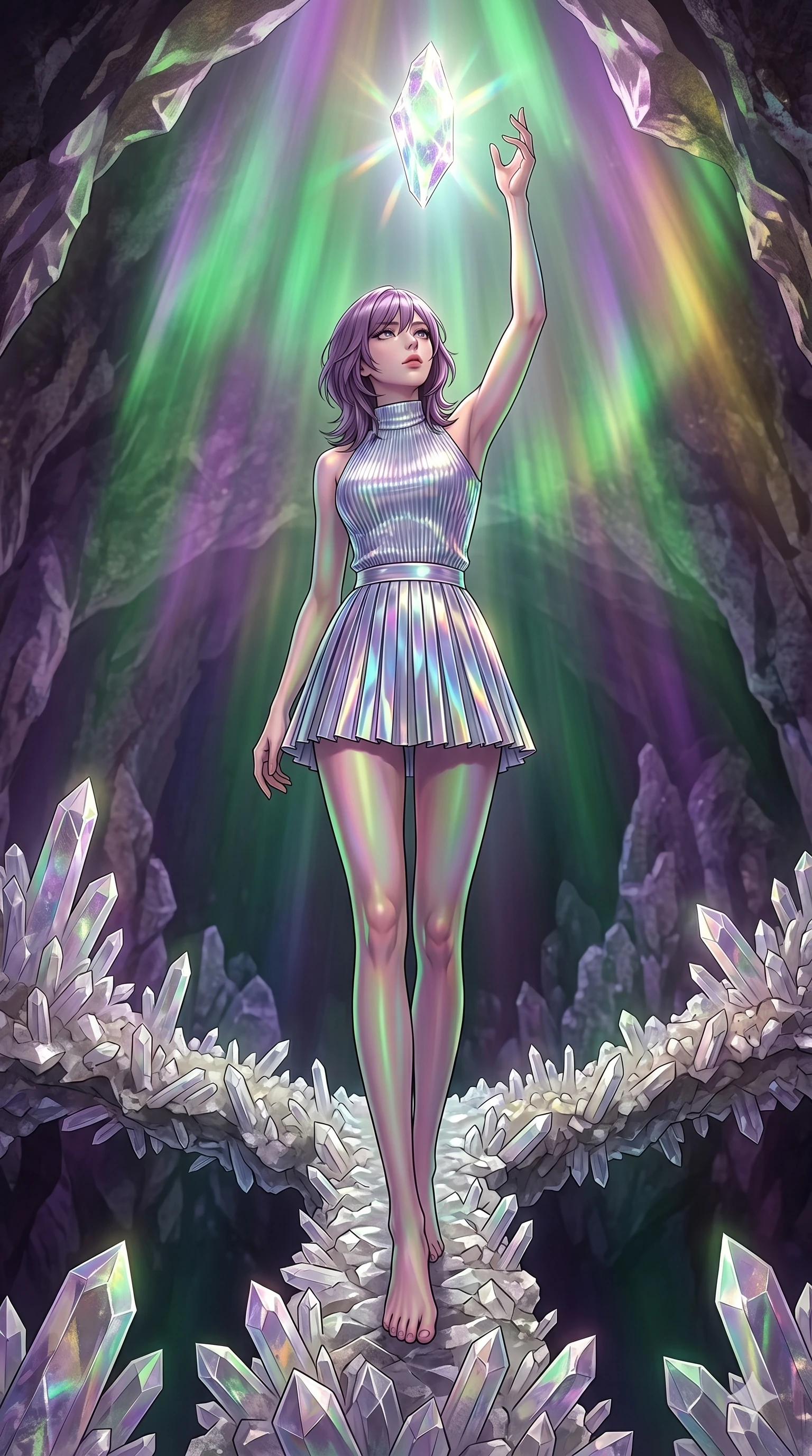 score_9, masterpiece, best quality, ultra-detailed, high-budget anime keyframe, editorial fashion photography, tasteful artistic composition, Japanese woman. low angle full-body shot from head to toe showing her feet, filling the entire 9:16 vertical frame with her statuesque presence, stretching her vertical silhouette. Reaching upward with one hand toward a floating shard of light, her body fully elongated within a geode cave featuring a natural bridge made of interlocking quartz crystals. She has an absolutely perfect 8-heads proportion, an exceptionally tall and slender female figure with impossibly long slender legs and an ultra-slim waist. V-shaped jawline, high-bridge nose, intricate jewel-like eyes with depth, thick eyelashes, glossy lips with a natural sheen. wearing a high-neck structured top in holographic silver paired with a matching metallic micro-pleated skirt. illuminated by a shifting aurora palette of green, violet, and gold from above, wrapping her in color. 2k, ultra detail, master piece, 9:16 ratio